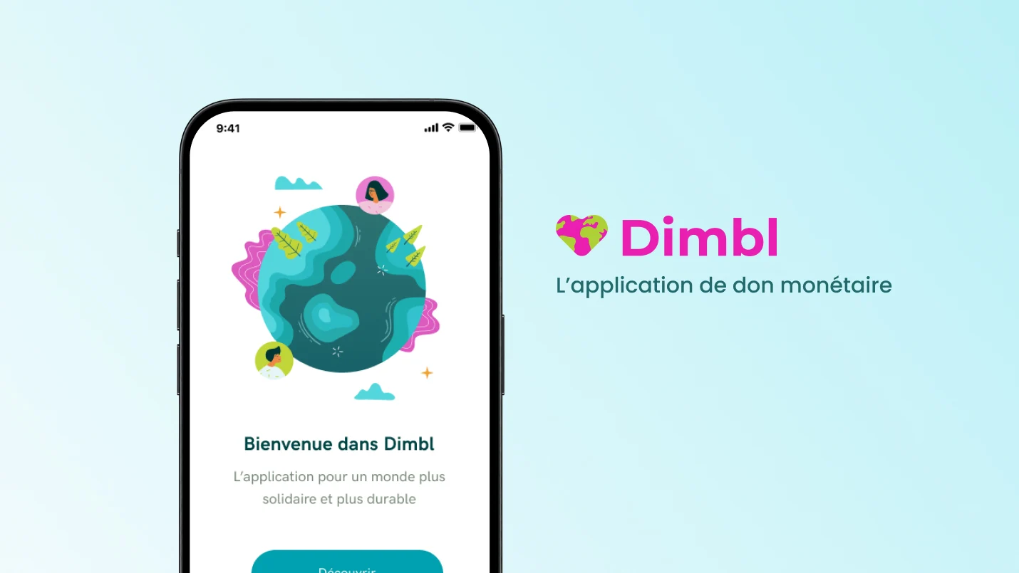 Ecran de téléphone avec la page d'accueil de l'application mobile Dimbl