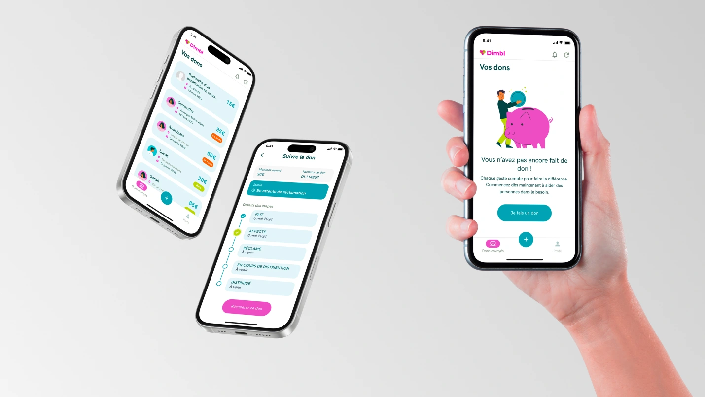 Main tenant un téléphone sur l'application Dimbl