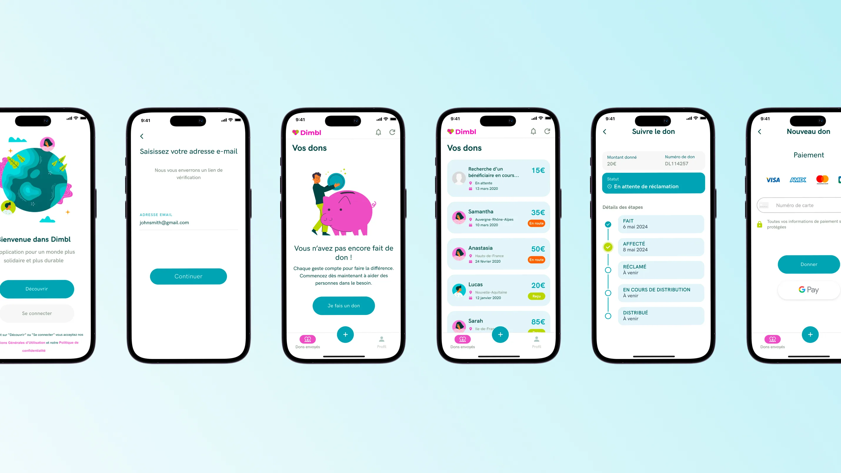 Ecrans de l'application Dimbl sur fond bleu