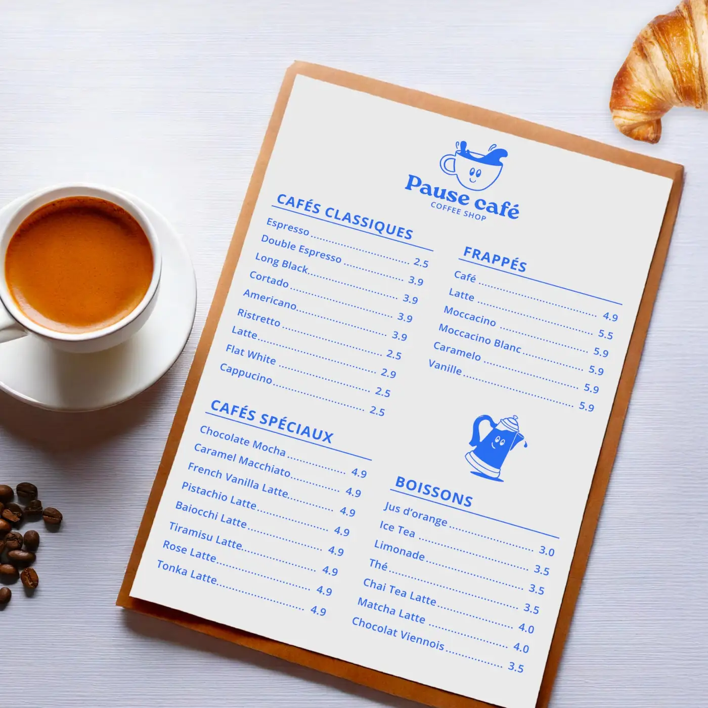 Menu du coffee shop Pause Café