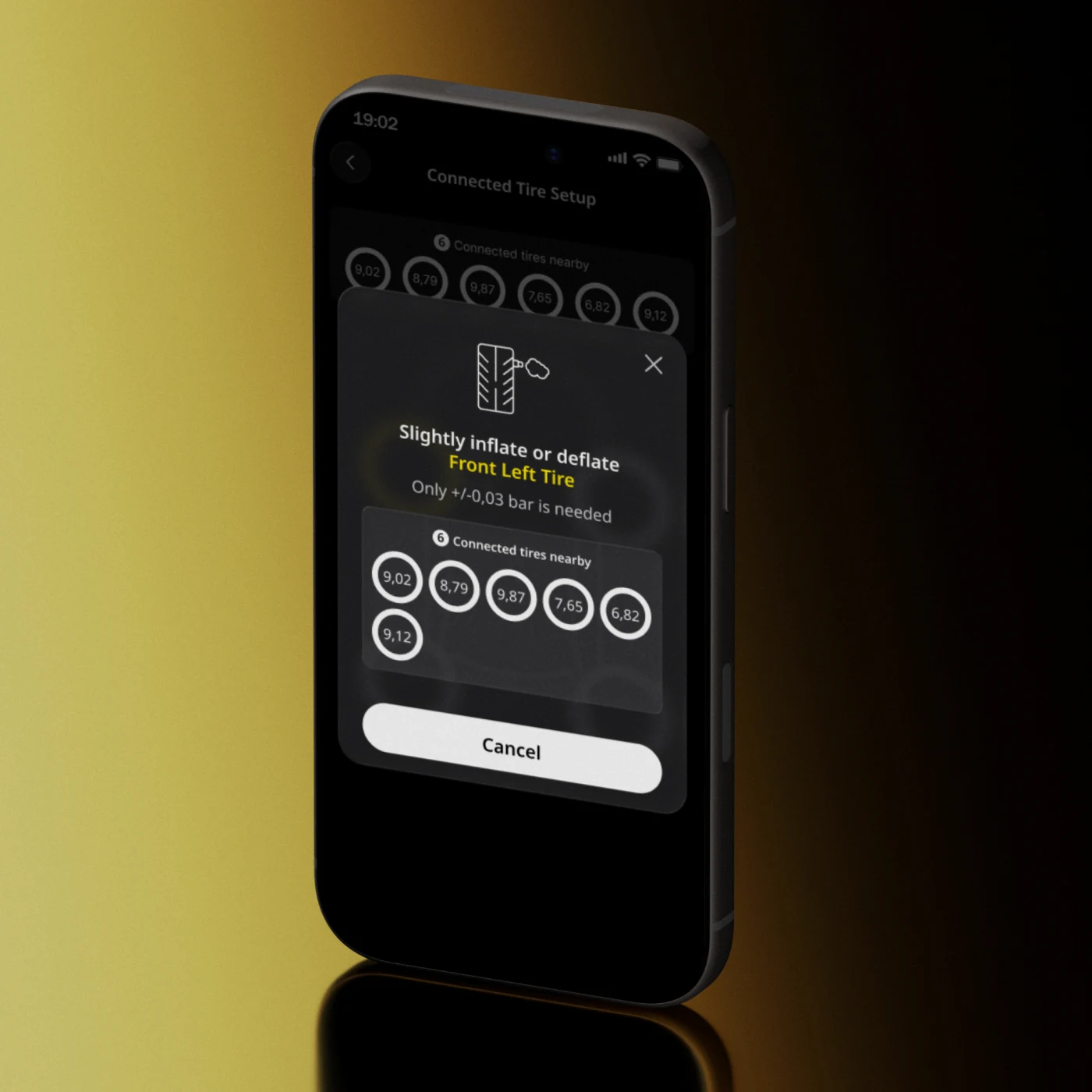 Téléphone montrant la modale de détection des pneus en temps réel.