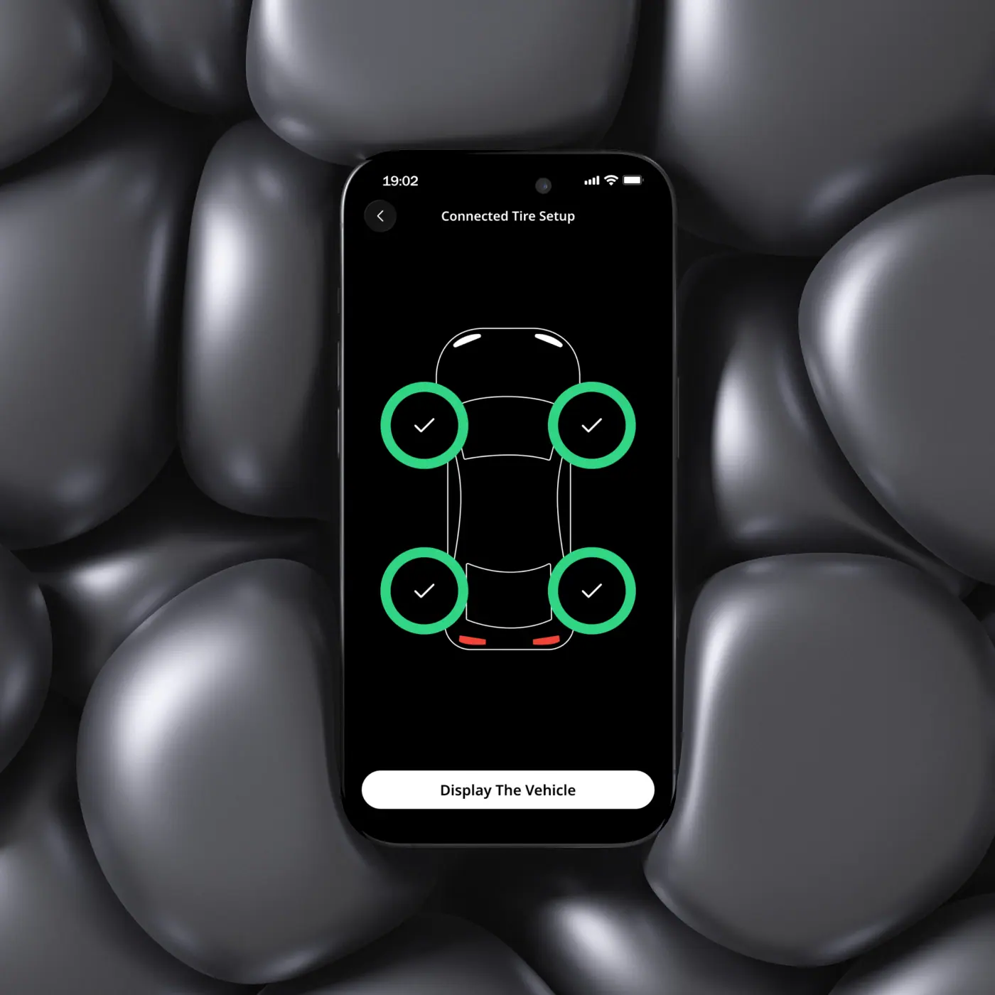 Ecran de téléphone montrant l'appairage des 4 pneus.