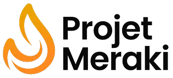 Orange flame icon next to the text 'Projet Meraki' in black.