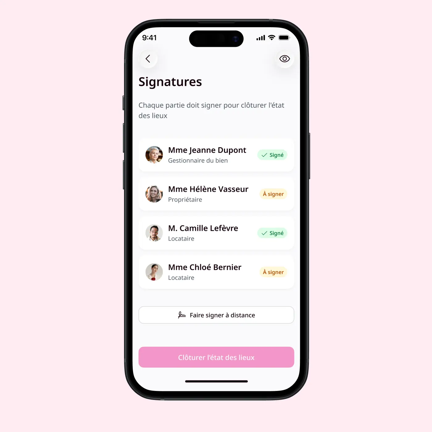 Téléphone sur l'écran de signature de l'état des lieux