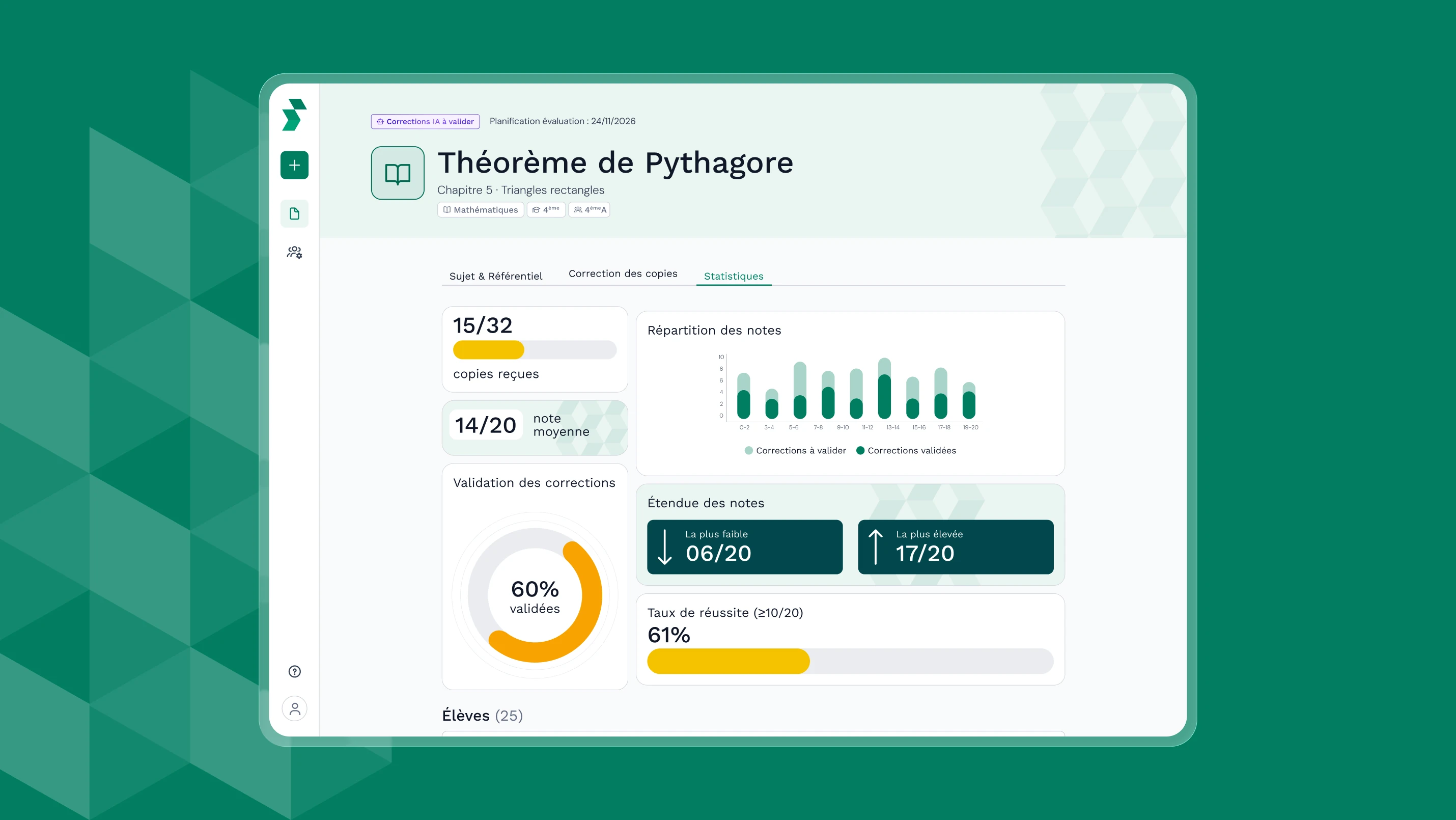 Ecran montrant l'interface Gingo sur la page Statistiques de l'évaluation du Théorème de Pythagore