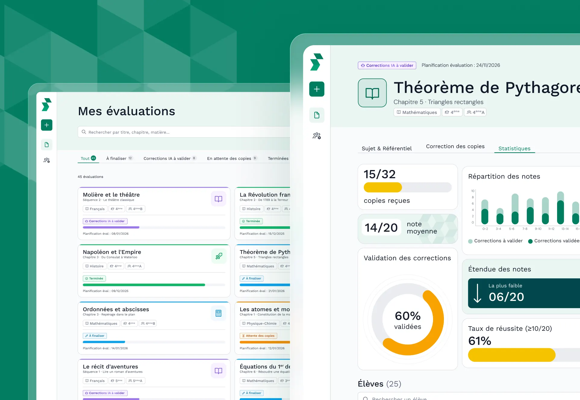 Deux écrans de l'application Gingo montrant la liste des évaluations et les statistiques pour l'évaluation sur le théorème de Pythagore
