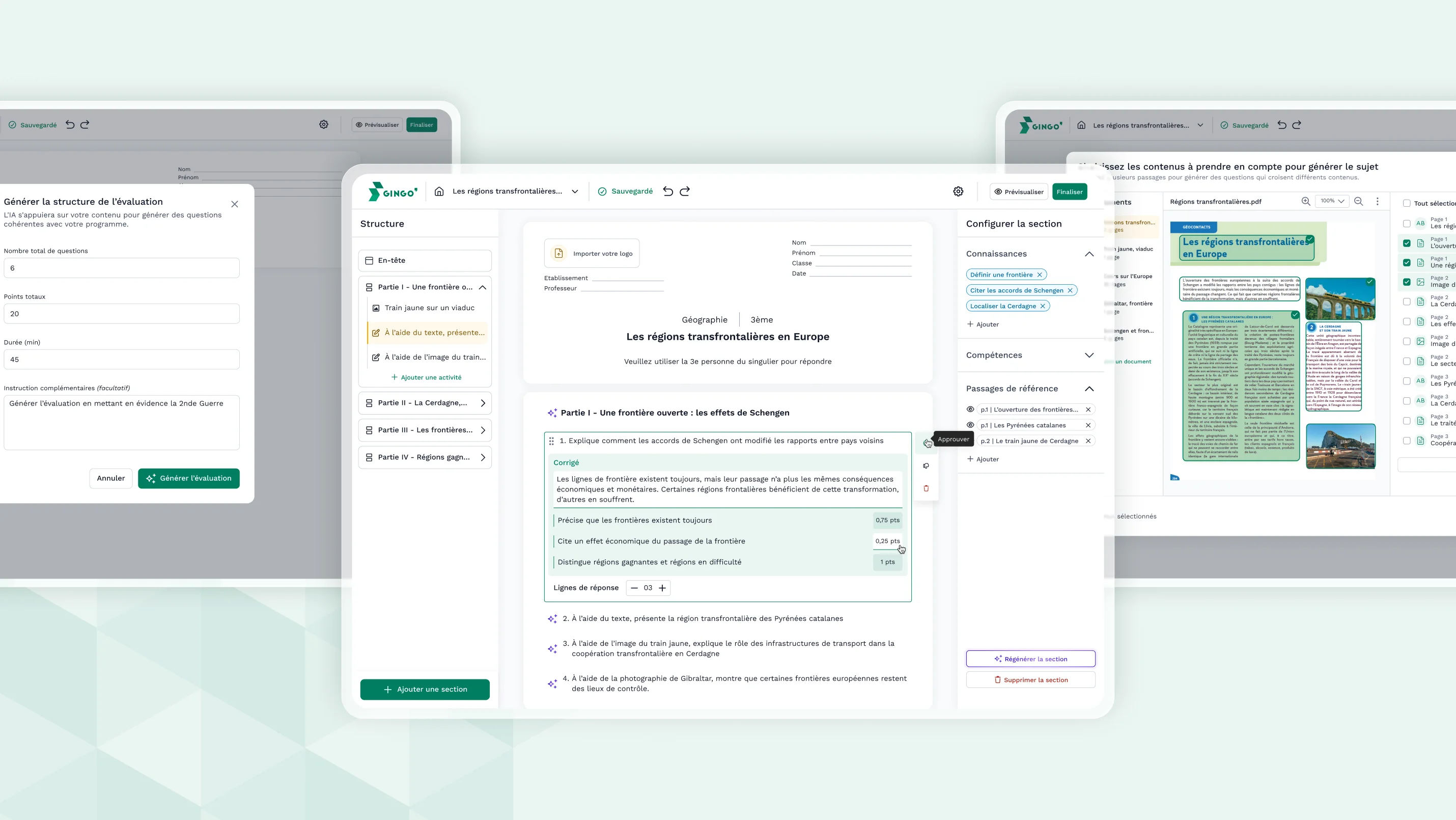 Trois écrans Gingo montrant la création d'une évaluation assistée par IA