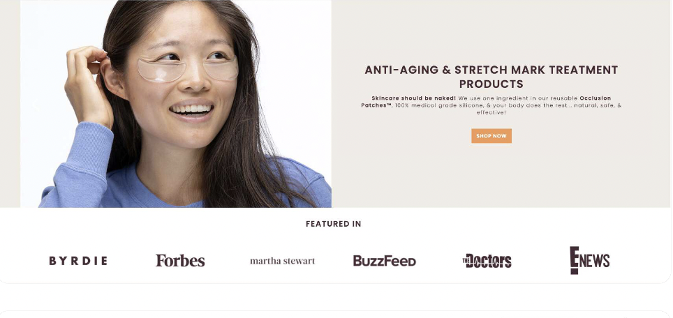 Woman wearing under-eye patches next to anti-aging product ad with media logos including Forbes and BuzzFeed.