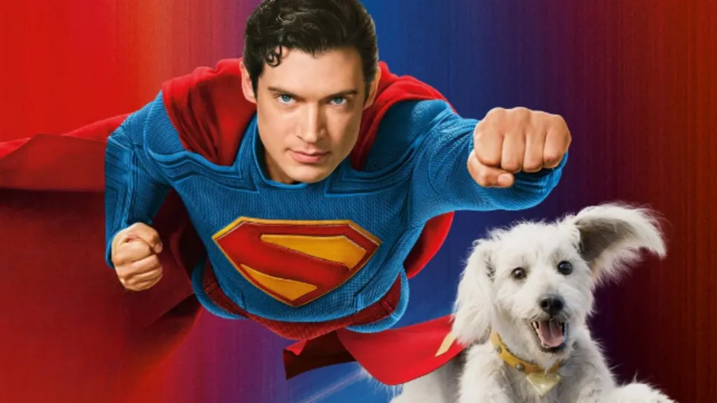 Superman flying alongside Krypto the Superdog in the new Superman movie poster.