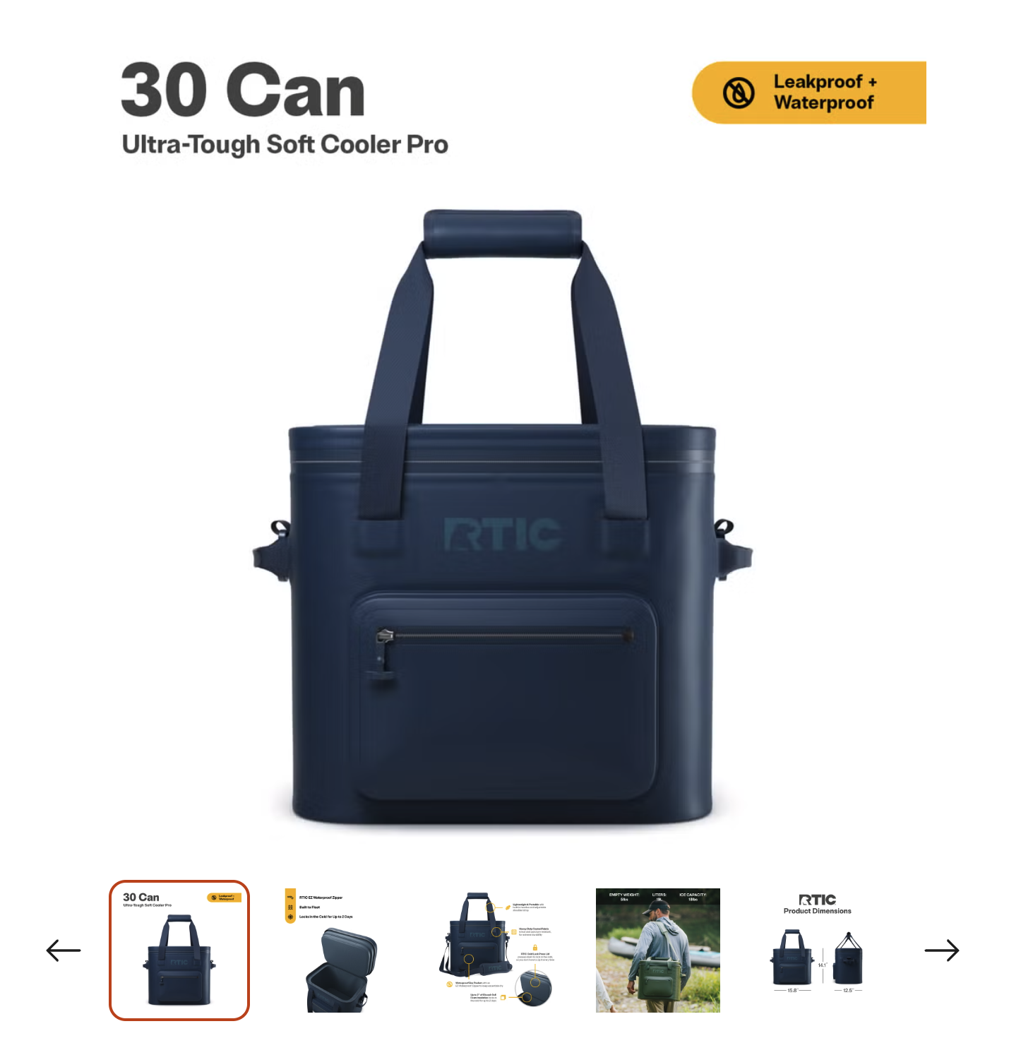 RTIC 30 Can Ultra-Tough Soft Cooler Pro in navy blue, leakproof and waterproof, displayed in main product carousel view with thumbnail images below.