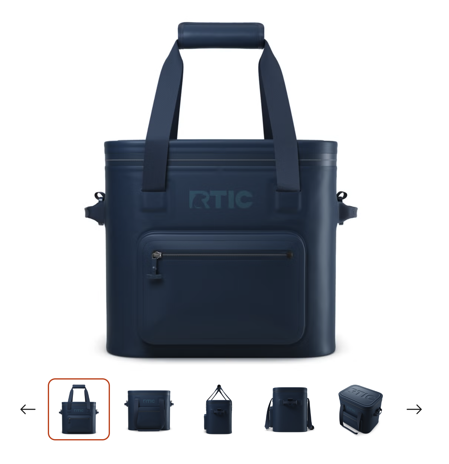 RTIC blue Ultra-Tough Soft Cooler Pro shown in multiple product views, including front, side, angled, and open lid.