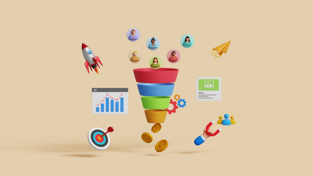 3D illustration of a colorful marketing funnel with customer icons, charts, target, rocket, and coins representing conversion rate optimization (CRO) and lead generation