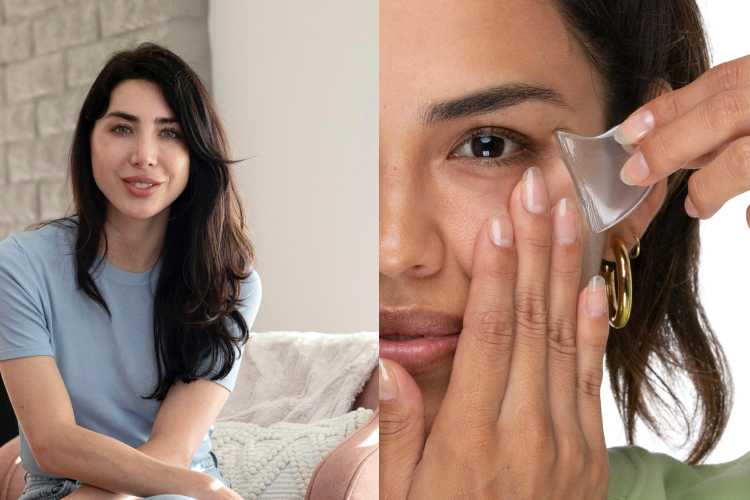 Side-by-side image of a woman sitting comfortably indoors and a pregnant woman wearing a heart-shaped skincare patch on her belly.