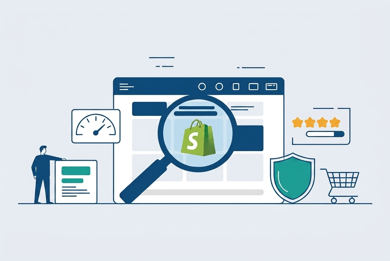 Illustration of a magnifying glass looking at a Shopify website with a user, star ratings, certifications and other conversion optimization elements nearby