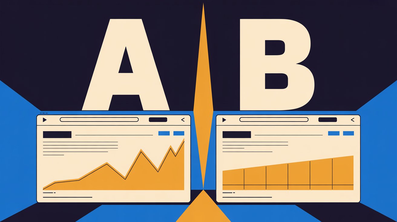 Two identical ecommerce product pages displayed side by side on separate screens, labeled "A" and "B" with large clean letters. A vertical dividing line splits the composition. One side shows a flat upward trending chart in amber, the other a straight flat line. Simple, geometric, no photorealism.