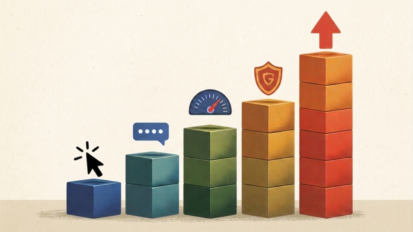 Five colorful building blocks stacked into a growing tower from left to right, each block slightly taller than the last, suggesting compounding growth. Each block contains one simple icon: a cursor click, a speech bubble, a speedometer, a security shield, and an upward arrow. Block colors from bottom to top: cobalt blue, teal, green, amber, bright orange-red. Warm off-white background, soft drop shadows beneath each block. A small upward trending arrow rises from the top of the stack. 