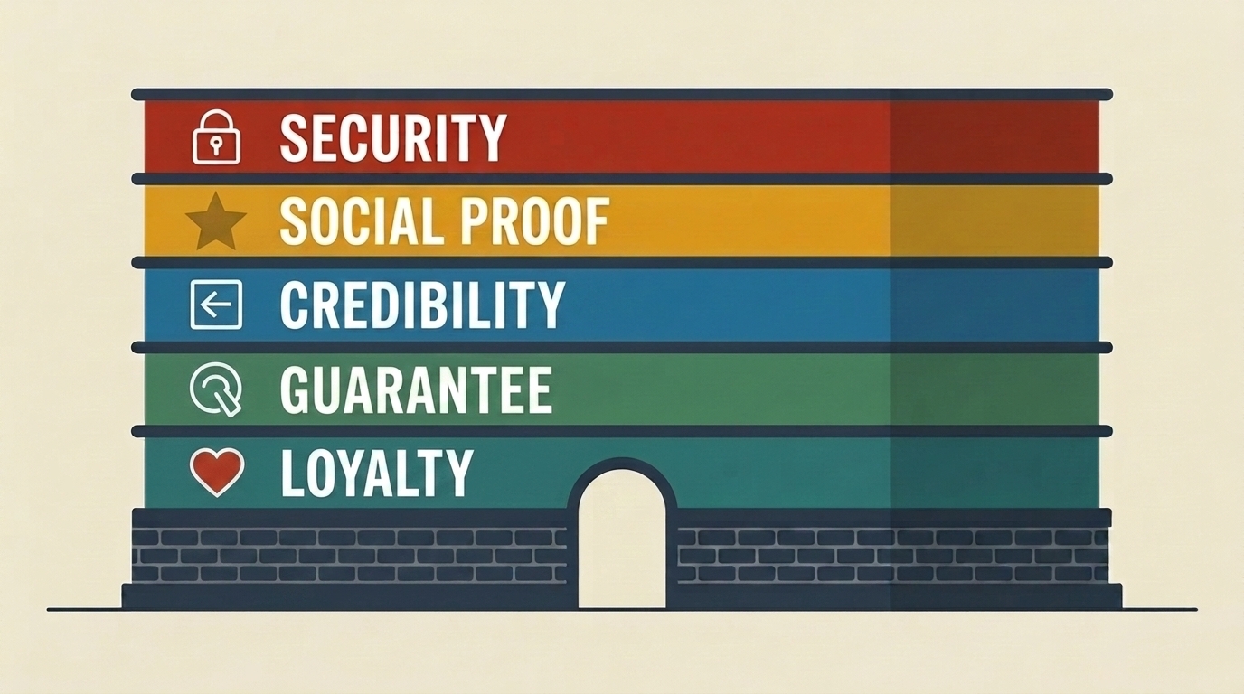 A clean multi-story building constructed from five visible horizontal layers, each layer a different color from bottom to top: dark navy, cobalt blue, teal, green, amber. Each layer contains one simple icon on the left side: a padlock, a star rating, a verified checkmark, a return arrow, and a heart. To the right of each icon, bold white text in clean sans-serif font reads exactly: SECURITY on the navy layer, SOCIAL PROOF on the cobalt blue layer, CREDIBILITY on the teal layer, GUARANTEE on the green layer, LOYALTY on the amber layer. A simple doorway arch sits in the dark foundation block beneath all five layers. Clean off-white background, bold navy outlines. No text anywhere in the image except the five words SECURITY, SOCIAL PROOF, CREDIBILITY, GUARANTEE, and LOYALTY on their respective layers.