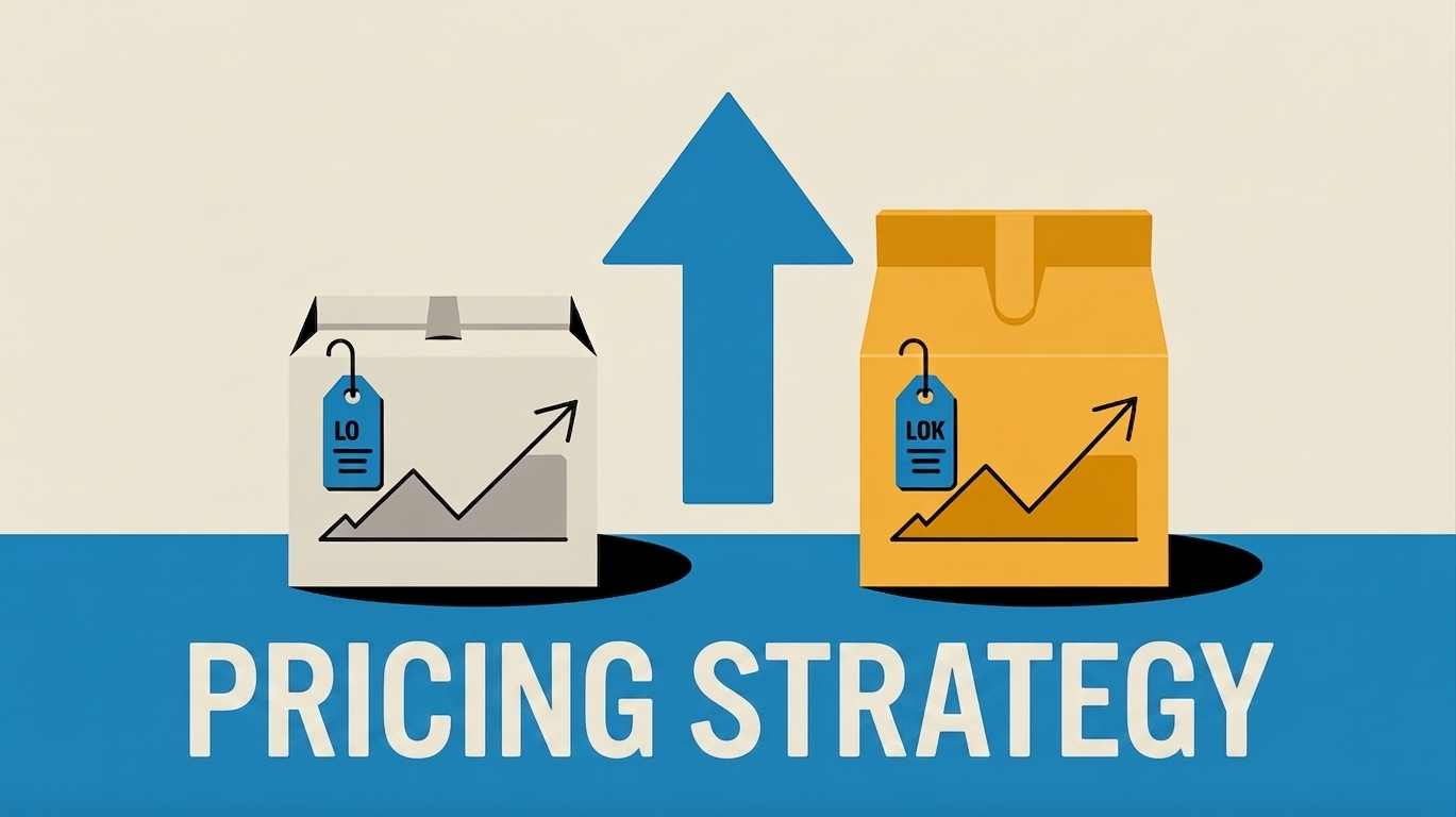 A flat editorial illustration. Two identical product boxes side by side on a clean off-white background. The left product box has a small price tag showing a low price symbol and a flat horizontal line beneath it in grey. The right product box has a larger price tag showing a higher price symbol and a sharp upward trending line beneath it in amber. Between the two boxes, a large bold upward arrow in bright blue pointing right and upward. Below the entire composition, bold white text in clean sans-serif font reads exactly: Pricing Strategy.