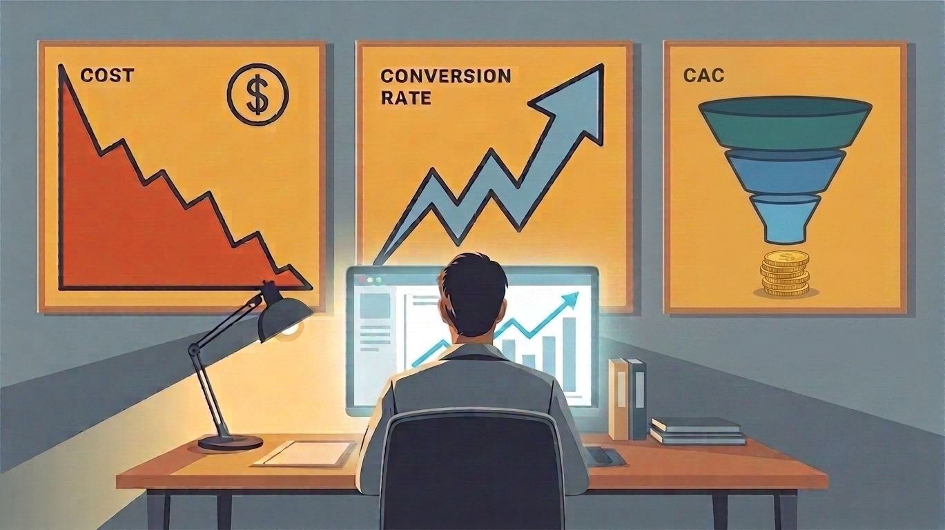 A painterly flat vector editorial illustration. A person seen from behind, seated at a clean modern desk, looking at a large monitor. On the wall above: three large framed charts. Left frame: a bold downward sloping cost curve line in burnt orange labeled with a small dollar sign icon only. Center frame: a sharp upward conversion rate arrow in bright blue. Right frame: a simple funnel diagram narrowing to a coin at the bottom. A desk lamp glows warm on the left. Cool blue-grey walls, wooden desk, warm amber and bright blue data colors.
