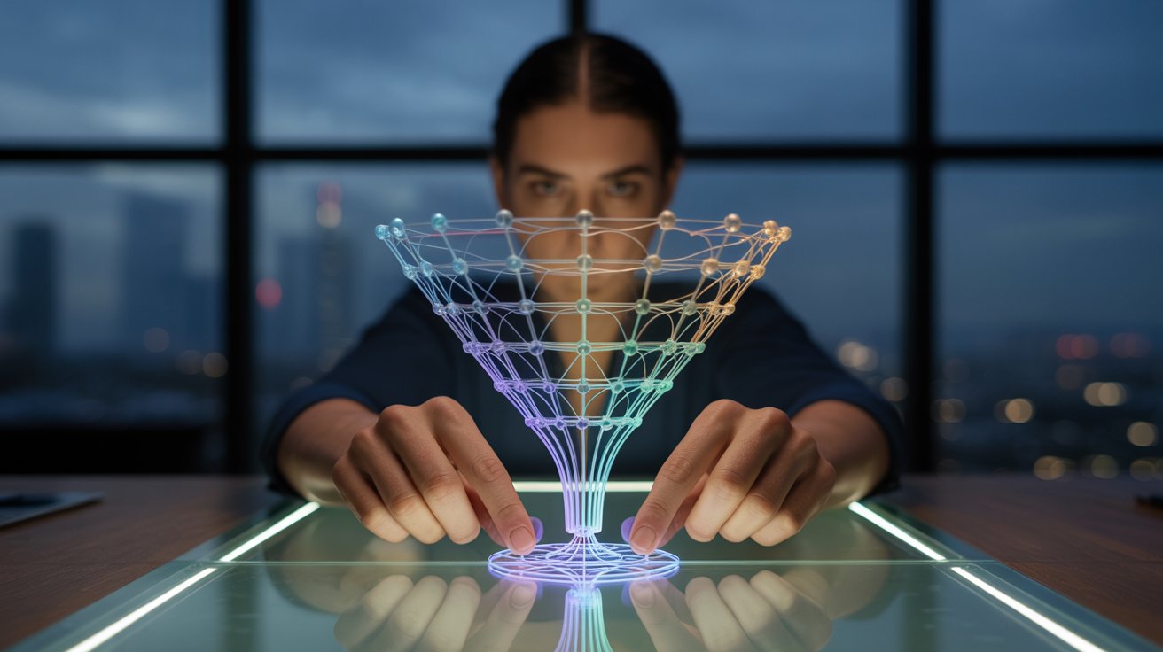 A cinematic photorealistic shot pulled back slightly to reveal a glowing funnel diagram projected onto a sleek illuminated glass table, viewed from a slight elevated angle. The funnel is wide at the top and narrows toward the bottom, constructed from luminous interconnected nodes and flowing pathways in cobalt blue, warm gold, and teal. The system visibly grows in complexity from top to bottom suggesting scale and momentum. A pair of confident hands in the foreground are placing the final node at the base of the funnel with precision. The background is dark and cinematic, slightly out of focus, with faint city lights visible through a floor-to-ceiling window suggesting scale and ambition. Warm skin tones against cool blue glow. Cinematic color grading, shallow depth of field, film still quality. 