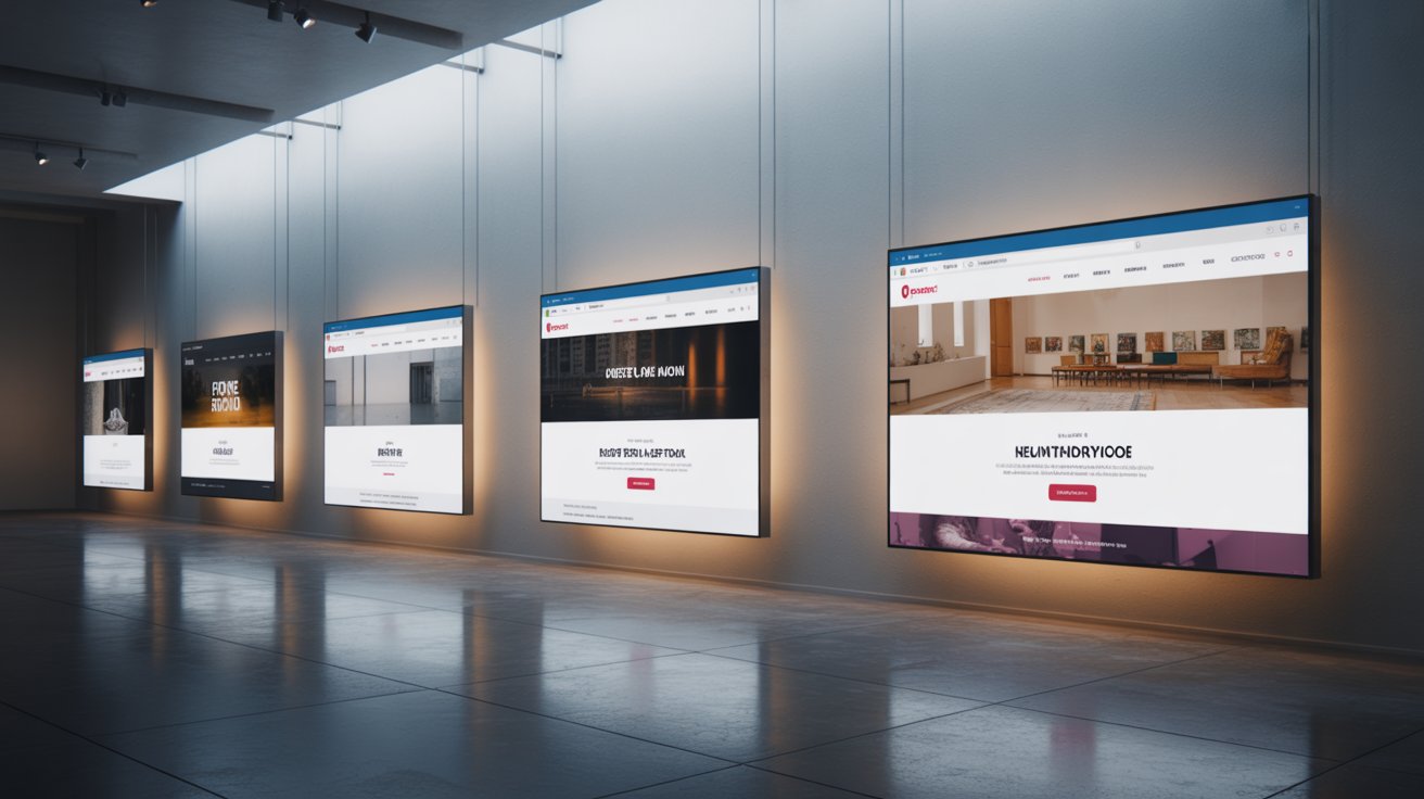 A cinematic photorealistic wide shot of a sleek modern art gallery with bright white walls and polished concrete floors, dramatically lit from above. Hanging on the walls like fine art in elegant thin frames are four large glowing monitors, each displaying a clearly recognizable website layout complete with a visible browser toolbar at the top, a horizontal navigation menu, a bold hero section with a large headline area, and a prominent call to action button. Each website is a different color palette and visual style -- one dark and bold, one bright and minimal, one warm and product-focused, one clean and editorial. The screens glow softly, clearly screens not paintings. The gallery is empty and quiet. Warm spotlights illuminate each screen from above casting soft reflections on the polished floor. No readable text on any screen. Cinematic color grading, shallow depth of field, film still quality. 