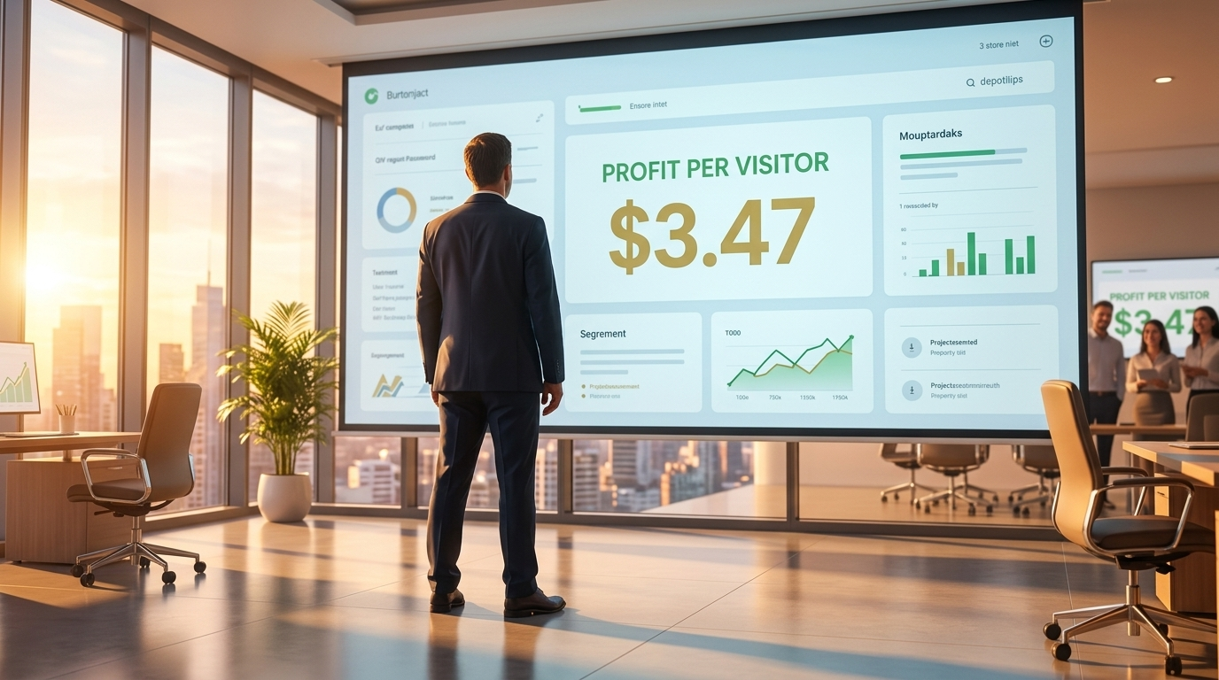 A cinematic photorealistic shot of a person seen from behind, standing in a light modern room, facing a large glowing screen mounted on the wall. The screen displays a single bold analytics card in crisp focus: the headline "PROFIT PER VISITOR" in large confident type beneath it, glowing in warm gold against a deep navy interface.
