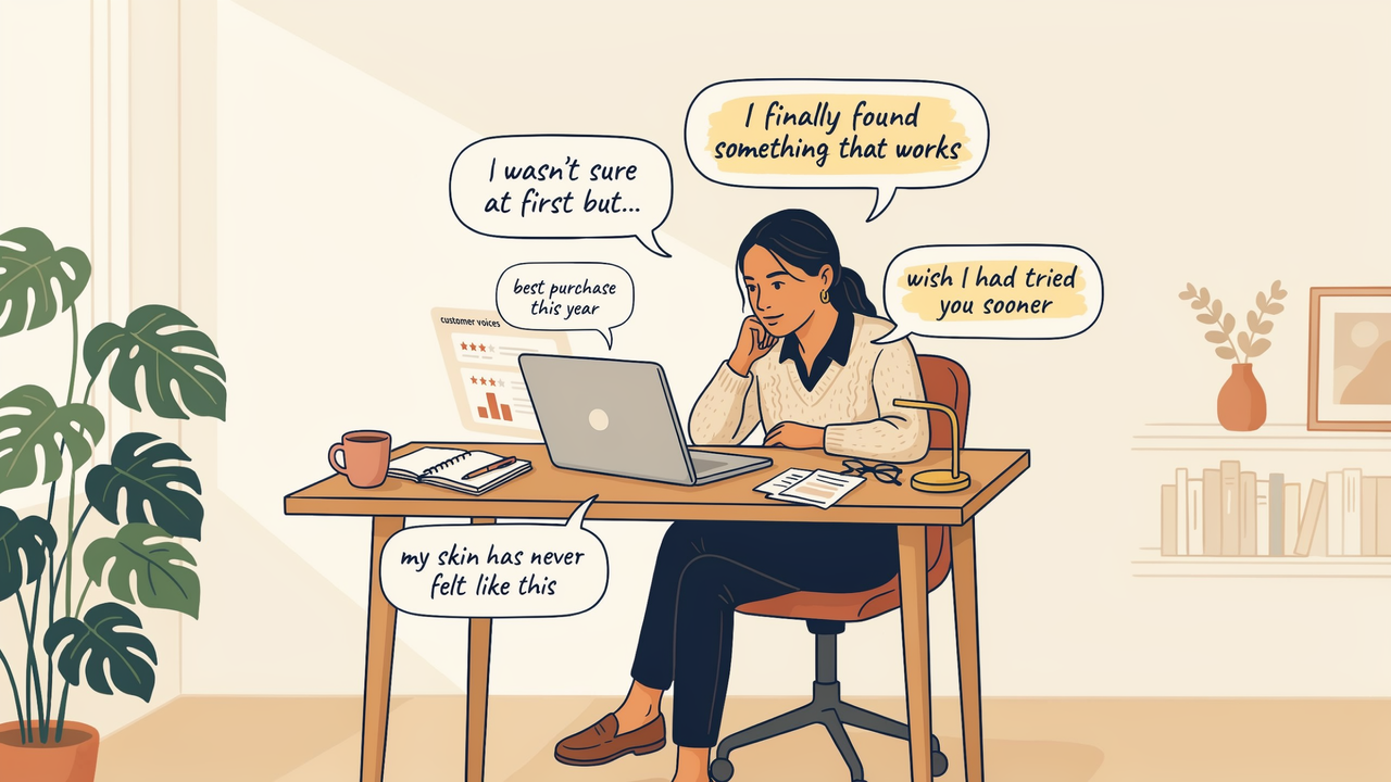 Ecommerce founder reviewing customer feedback surrounded by speech bubbles with customer quotes at a desk