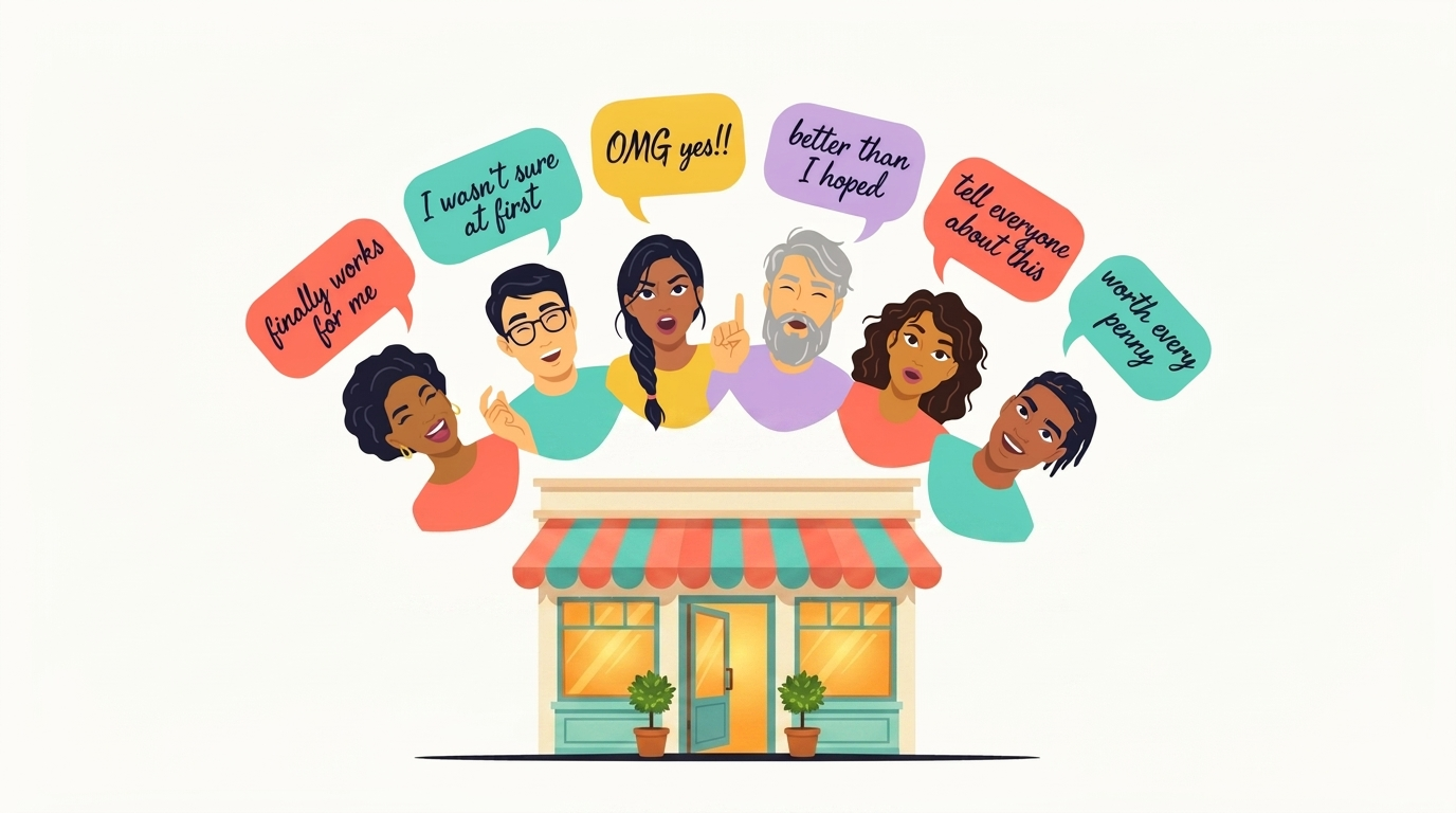 Diverse customers with colorful speech bubbles sharing feedback above a bright welcoming storefront