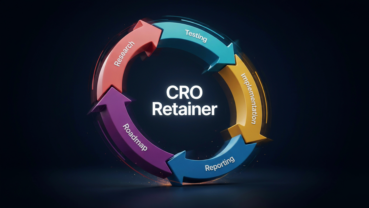 Spinning CRO retainer flywheel showing five phases: Research, Testing, Implementation, Reporting, and Roadmap