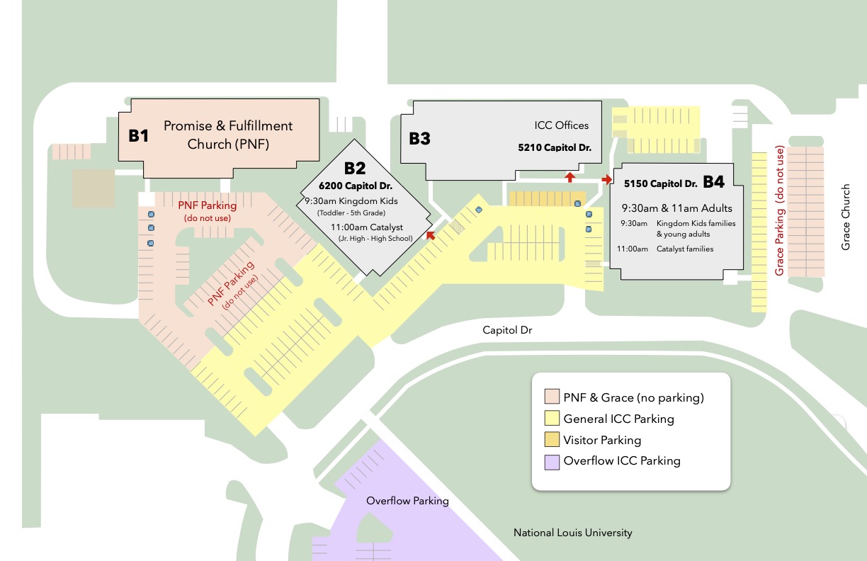 Map of Immanuel Community Church campus showing buildings B1 to B4, parking areas including ICC parking, visitor and volunteer parking, BISCO Hall, National Louis University, and surrounding roads with ICC Sunday services information on schedules, drop-off instructions, and parking guidelines.