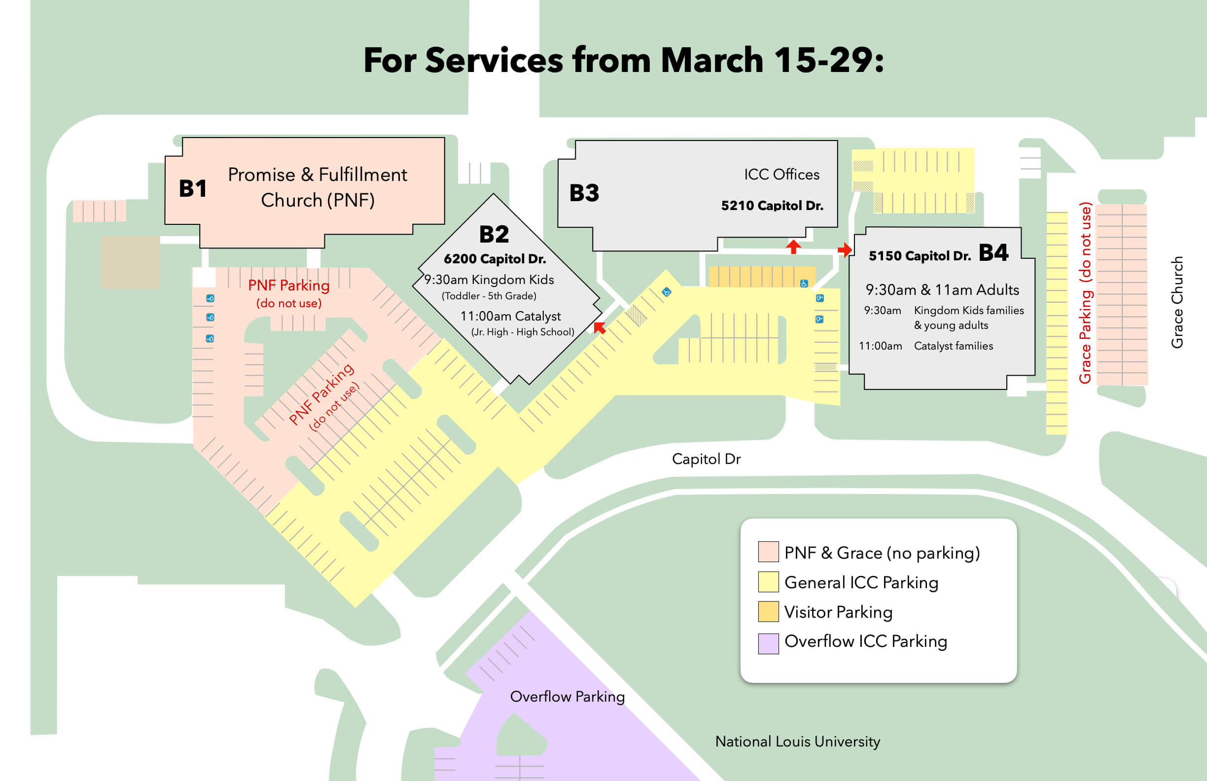 Map of Immanuel Community Church campus showing buildings B1 to B4, parking areas including ICC parking, visitor and volunteer parking, BISCO Hall, National Louis University, and surrounding roads with ICC Sunday services information on schedules, drop-off instructions, and parking guidelines.