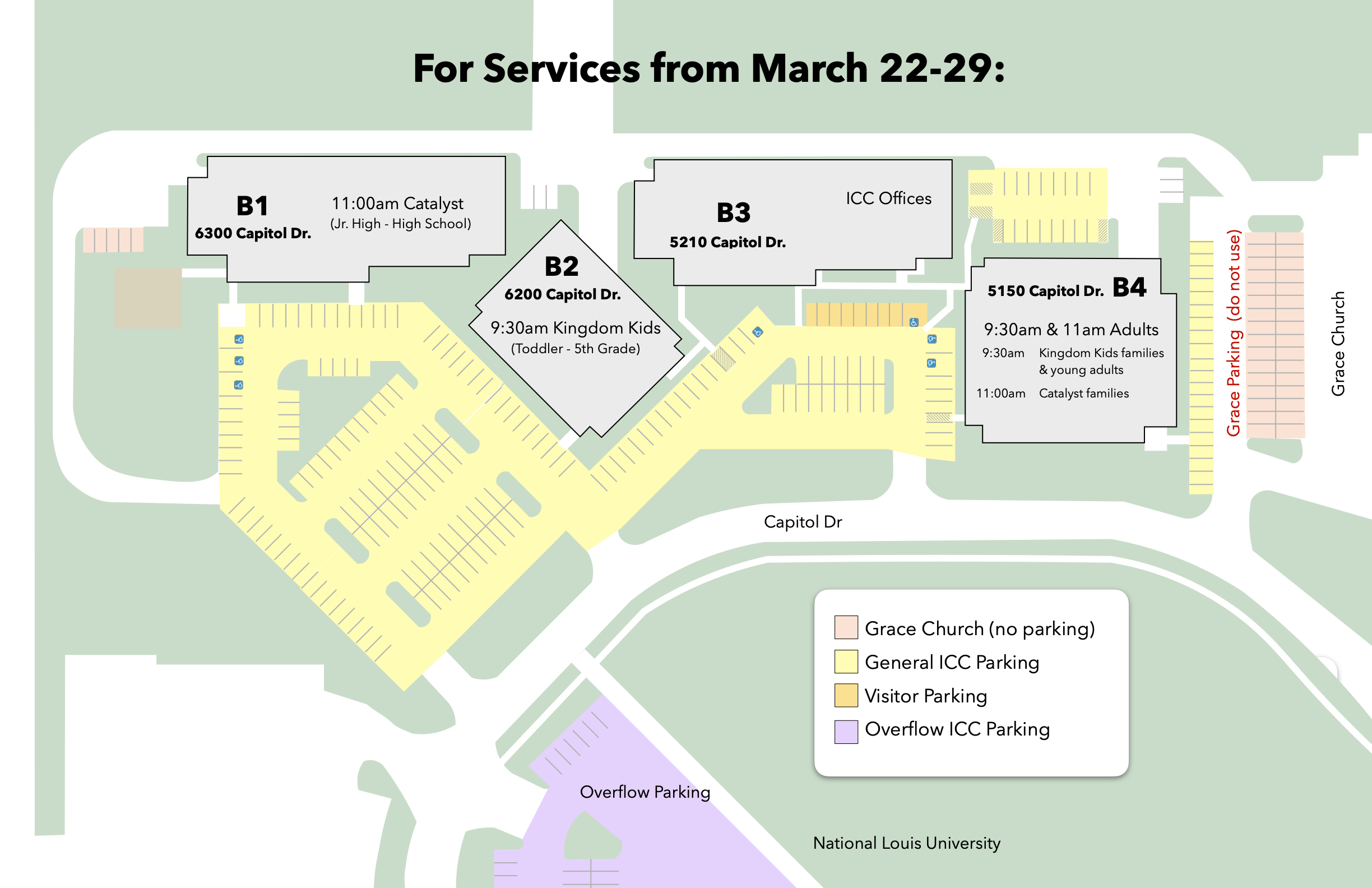 Map of Immanuel Community Church campus showing buildings B1 to B4, parking areas including ICC parking, visitor and volunteer parking, BISCO Hall, National Louis University, and surrounding roads with ICC Sunday services information on schedules, drop-off instructions, and parking guidelines.