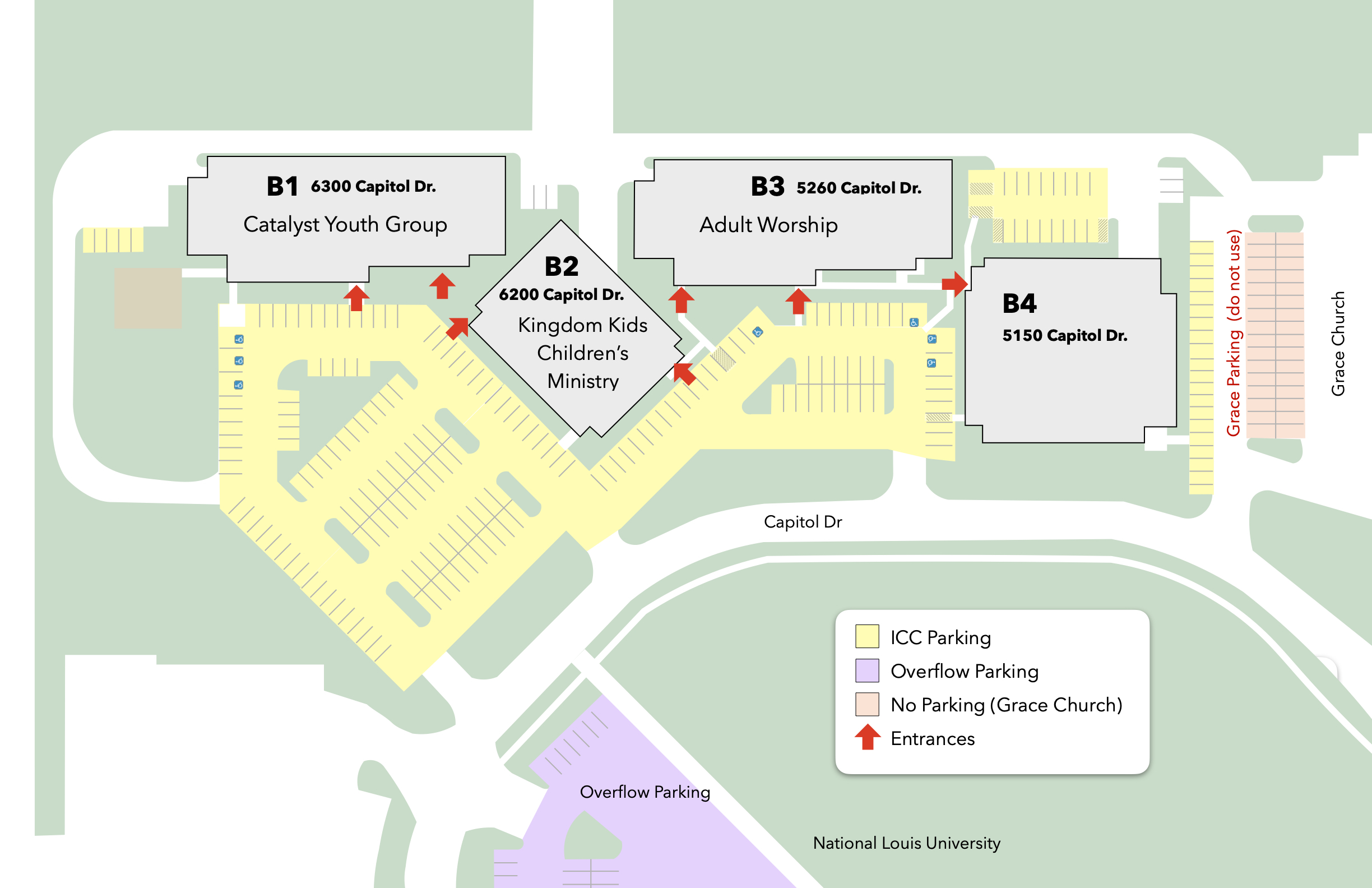 Map of Immanuel Community Church campus showing buildings B1 to B4, parking areas including ICC parking, visitor and volunteer parking, BISCO Hall, National Louis University, and surrounding roads with ICC Sunday services information on schedules, drop-off instructions, and parking guidelines.