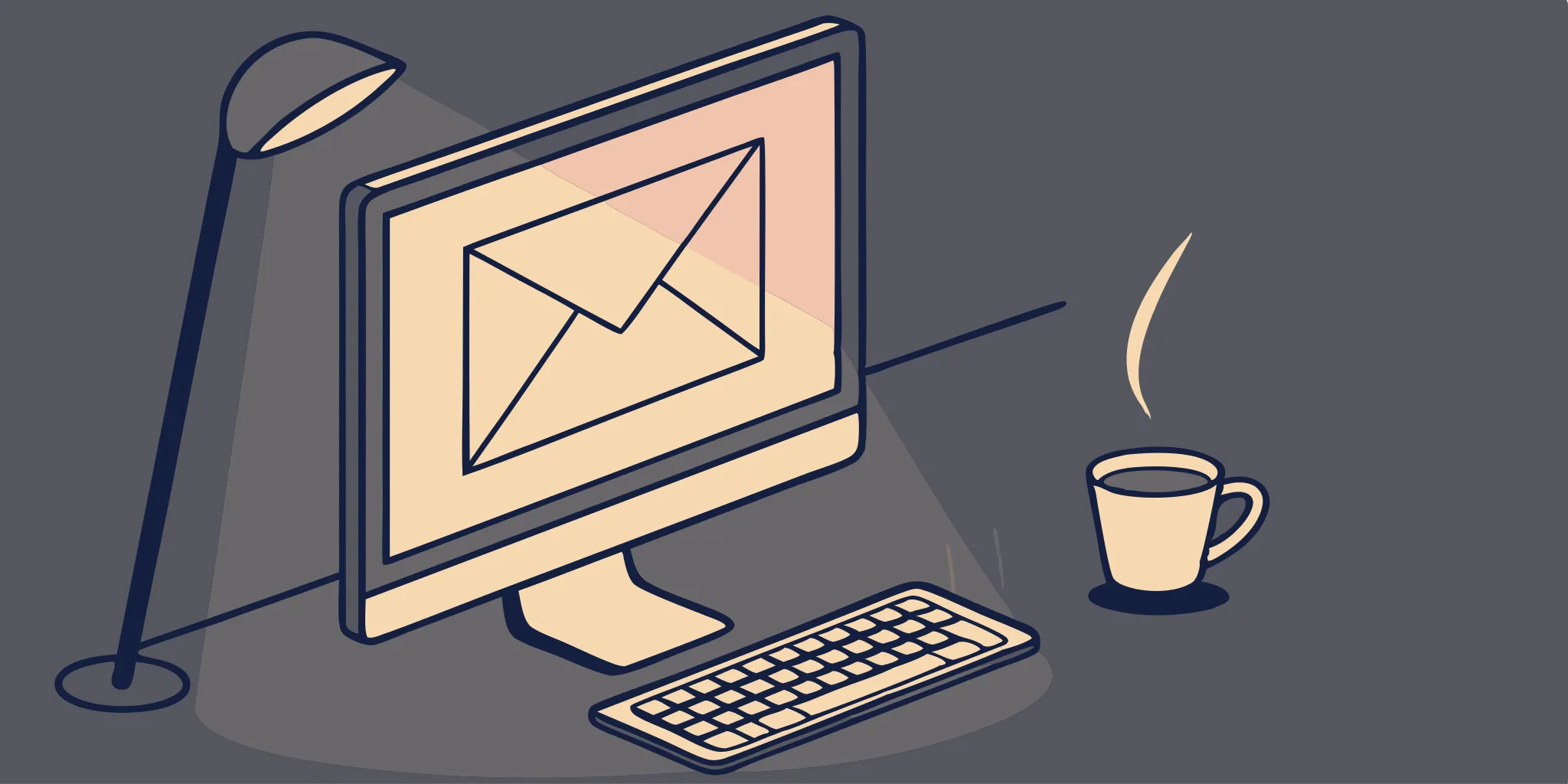 Cold email template on a computer screen with keyboard and coffee.