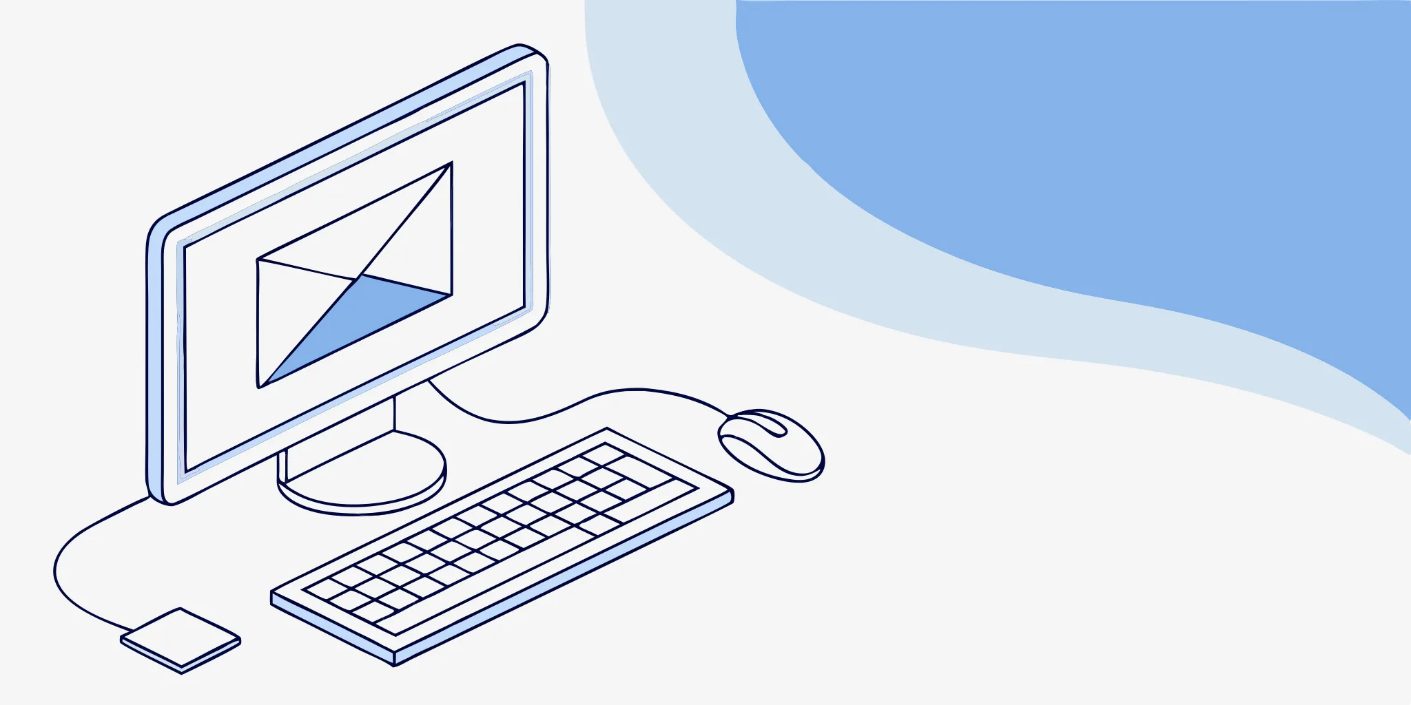 Cold email tools: keyboard, mouse, and computer screen with email icon.