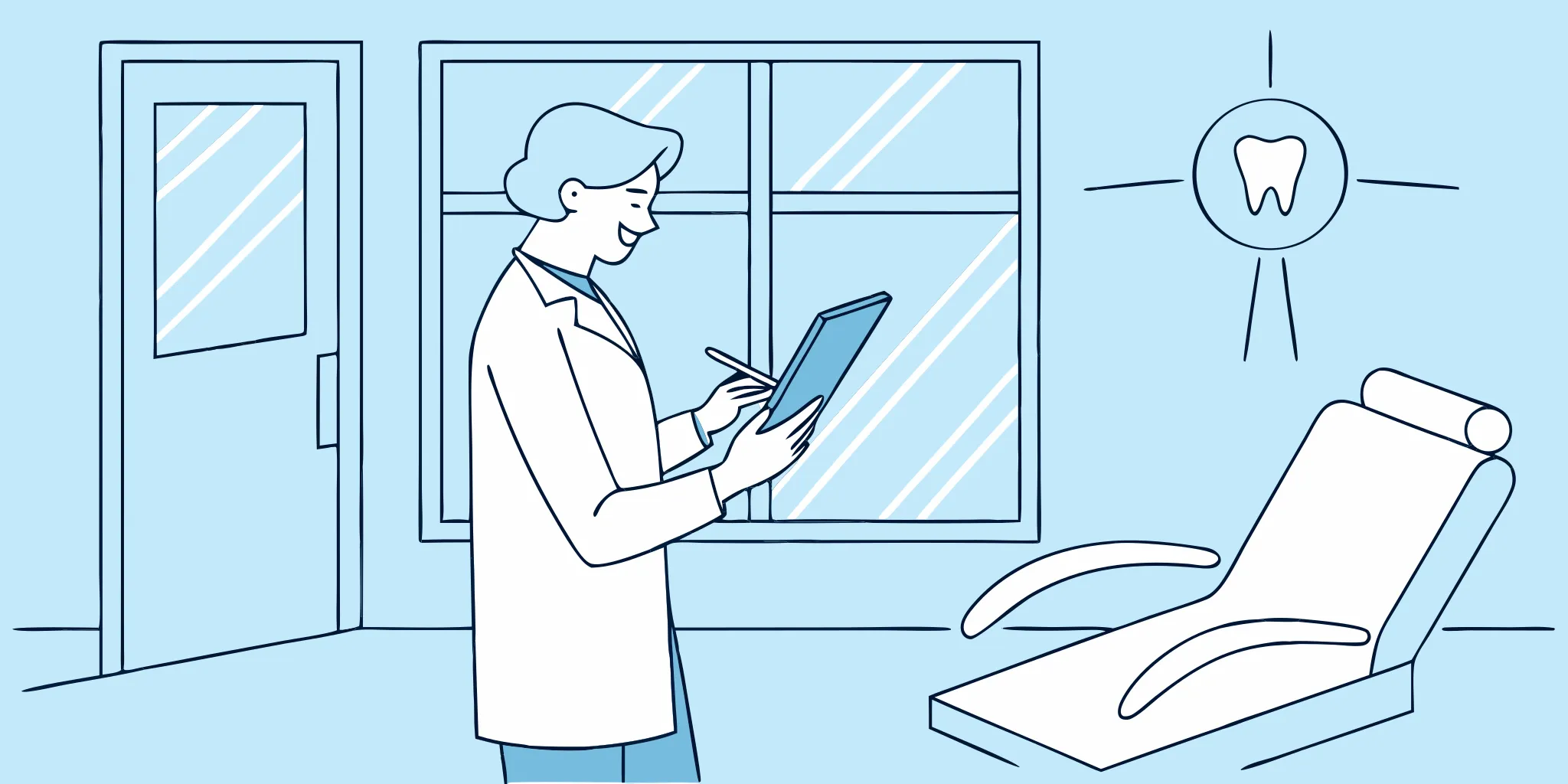 Dentist checking email marketing results on tablet.