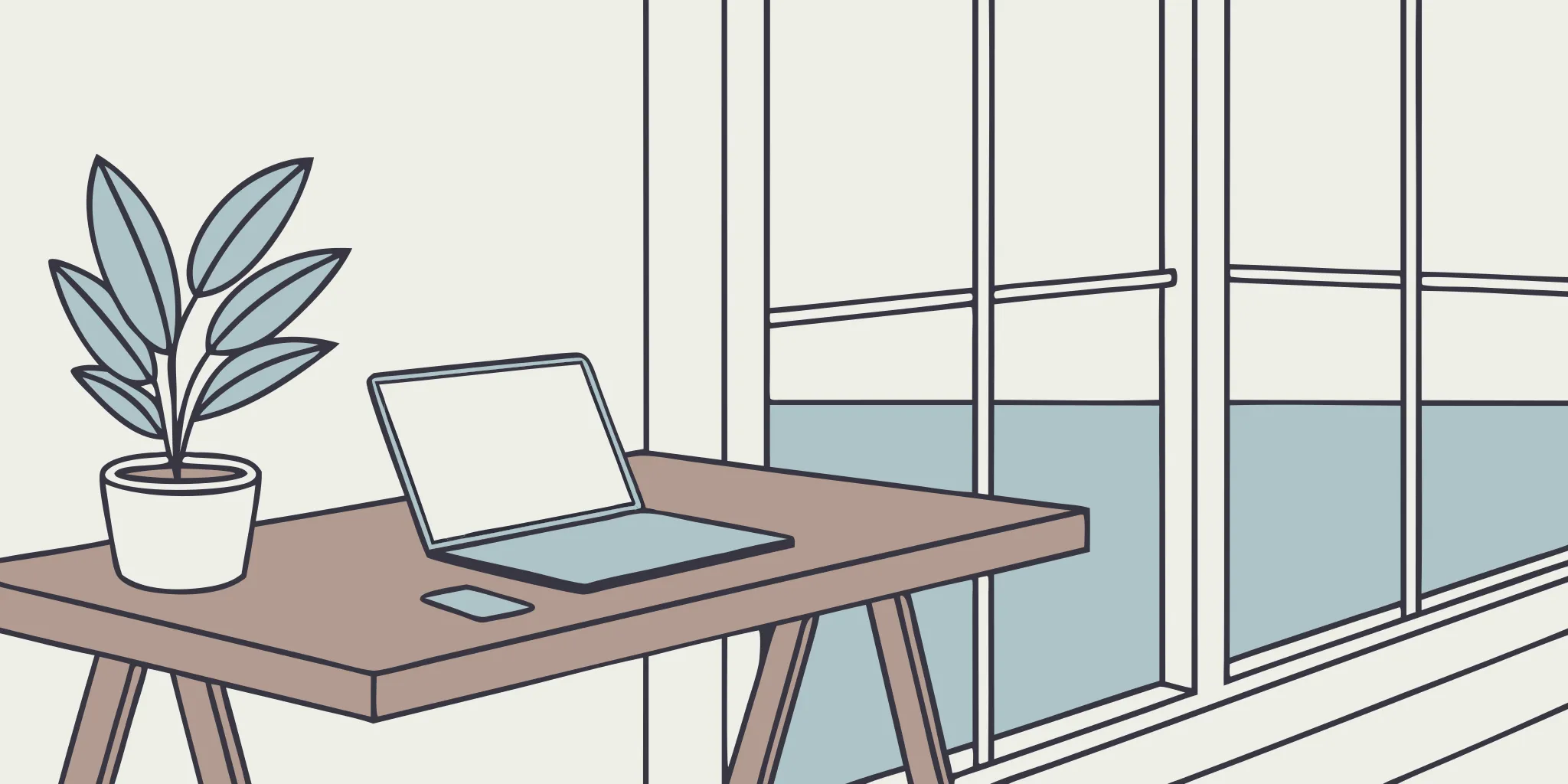 Laptop and plant on minimalist workspace.