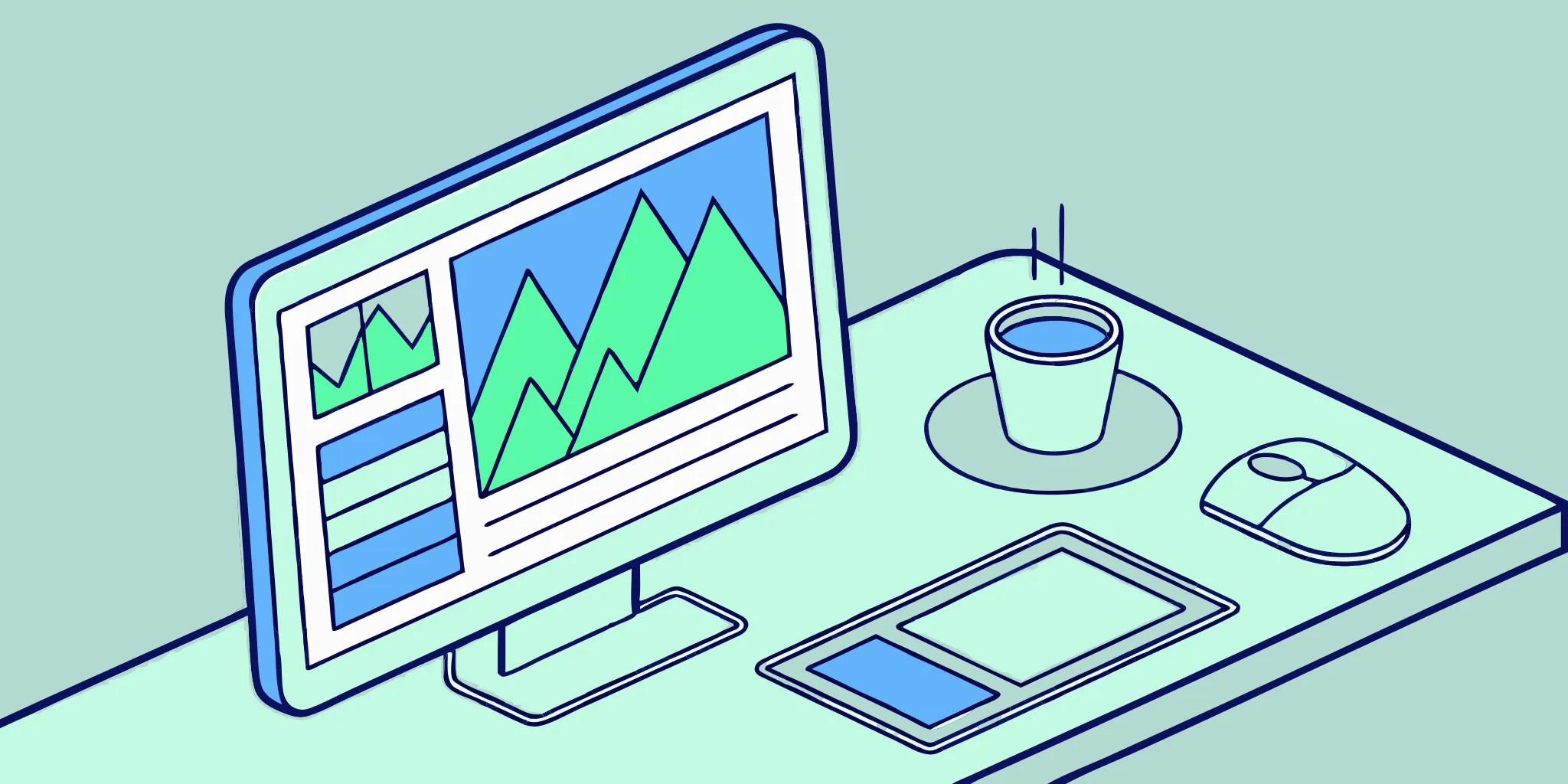 Email marketing analytics dashboard with charts, coffee, and mouse.