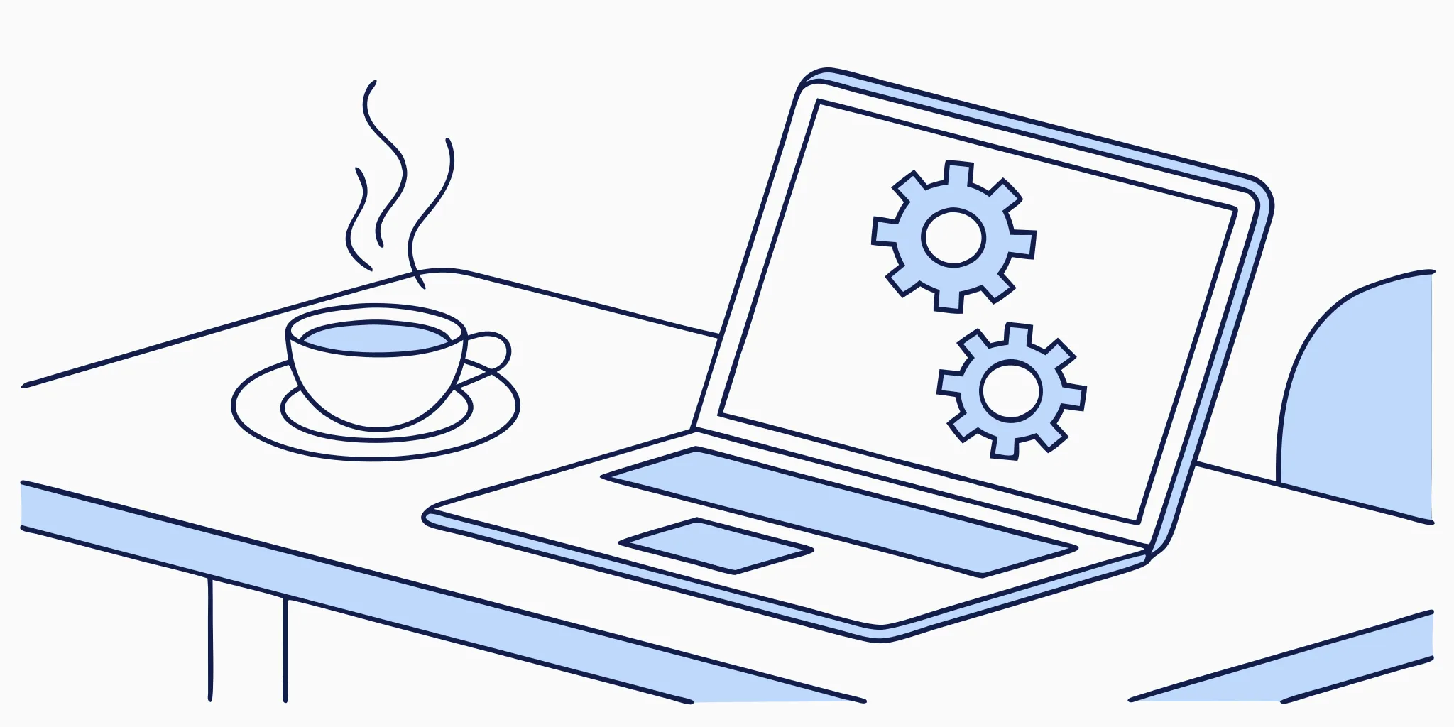 Email automation gears on laptop screen. Coffee cup beside it.
