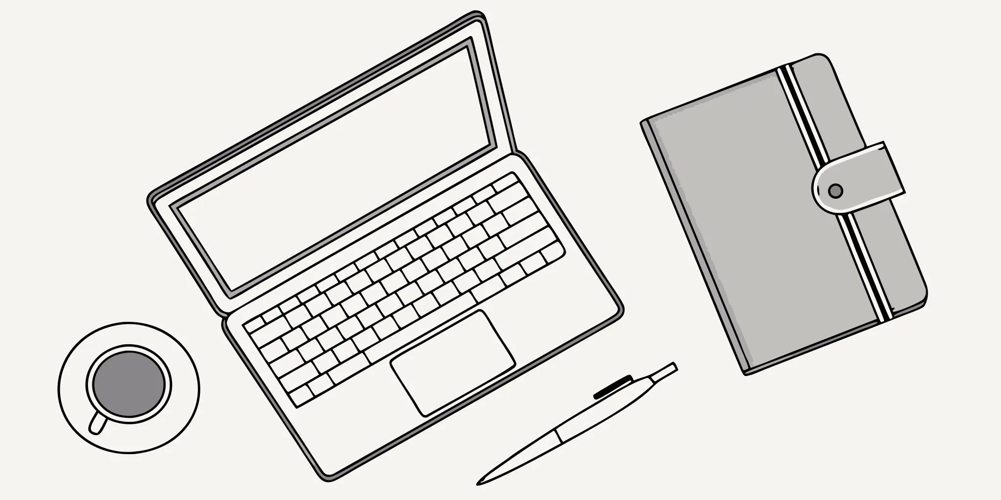 Laptop, notebook, and pen on desk. Cold email tools for B2B sales.