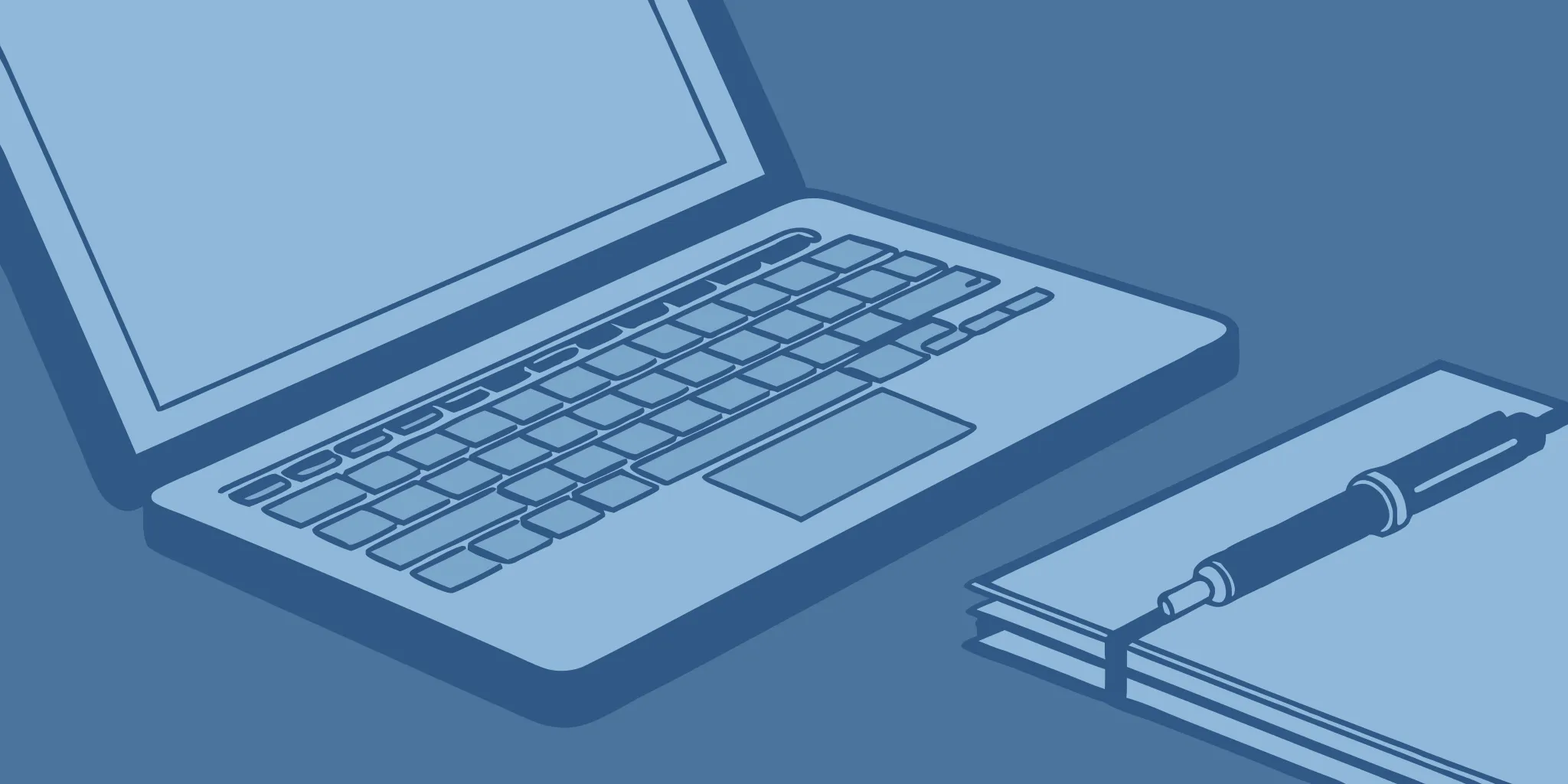Laptop, notebook, and pen for cold sales email writing.