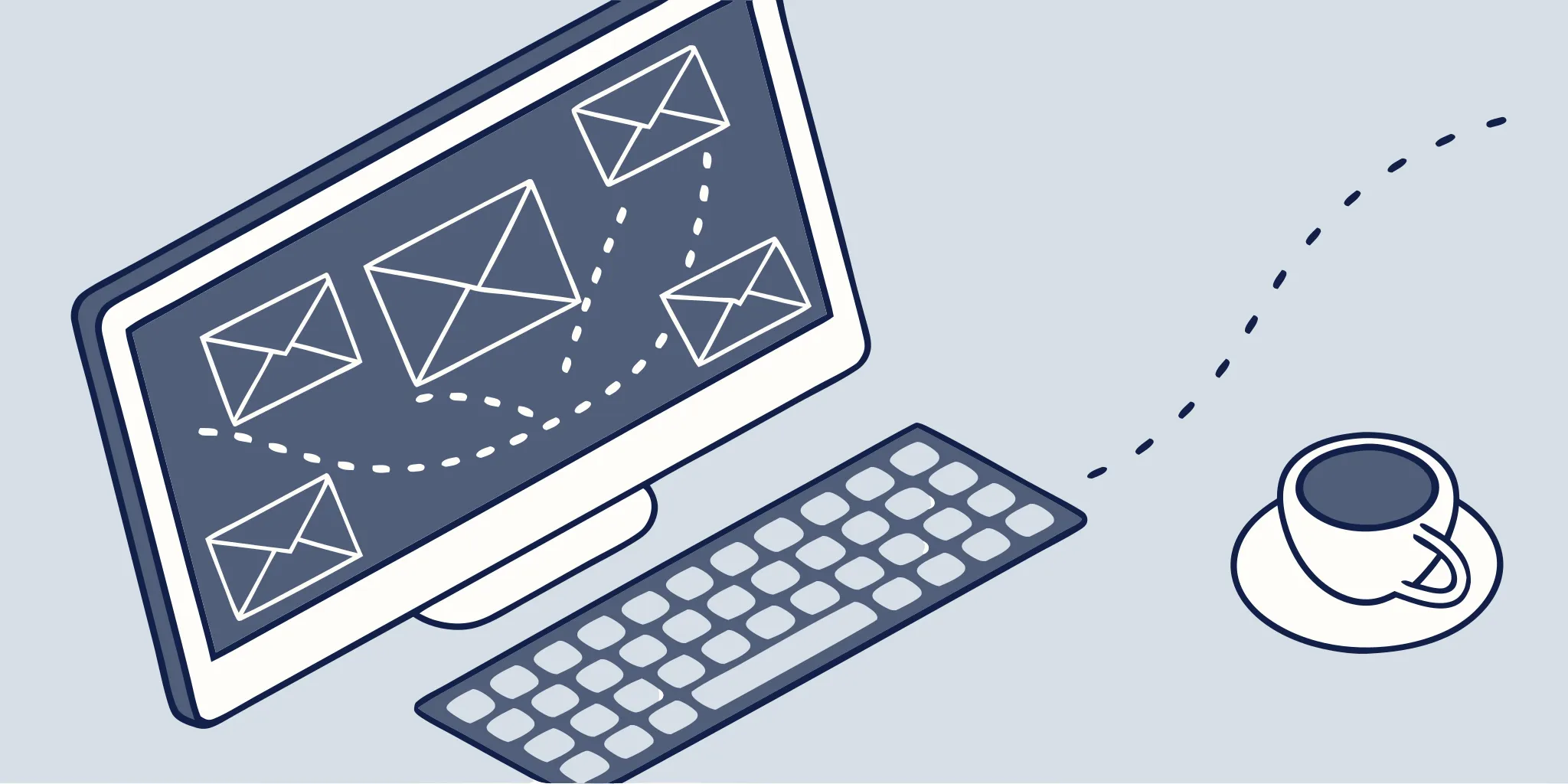 Email marketing package essentials: keyboard, computer, and coffee.