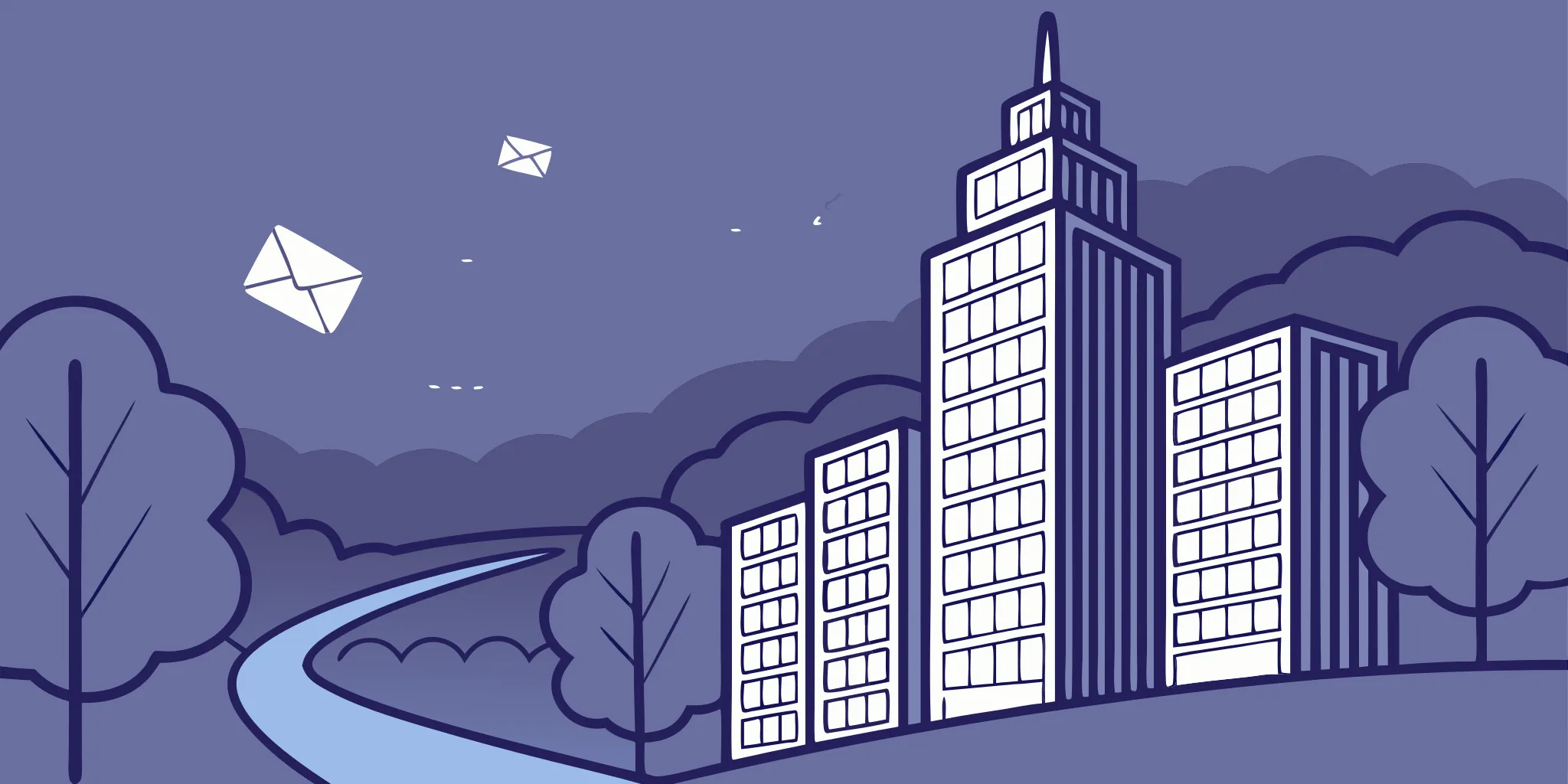 Email soaring over city skyline.