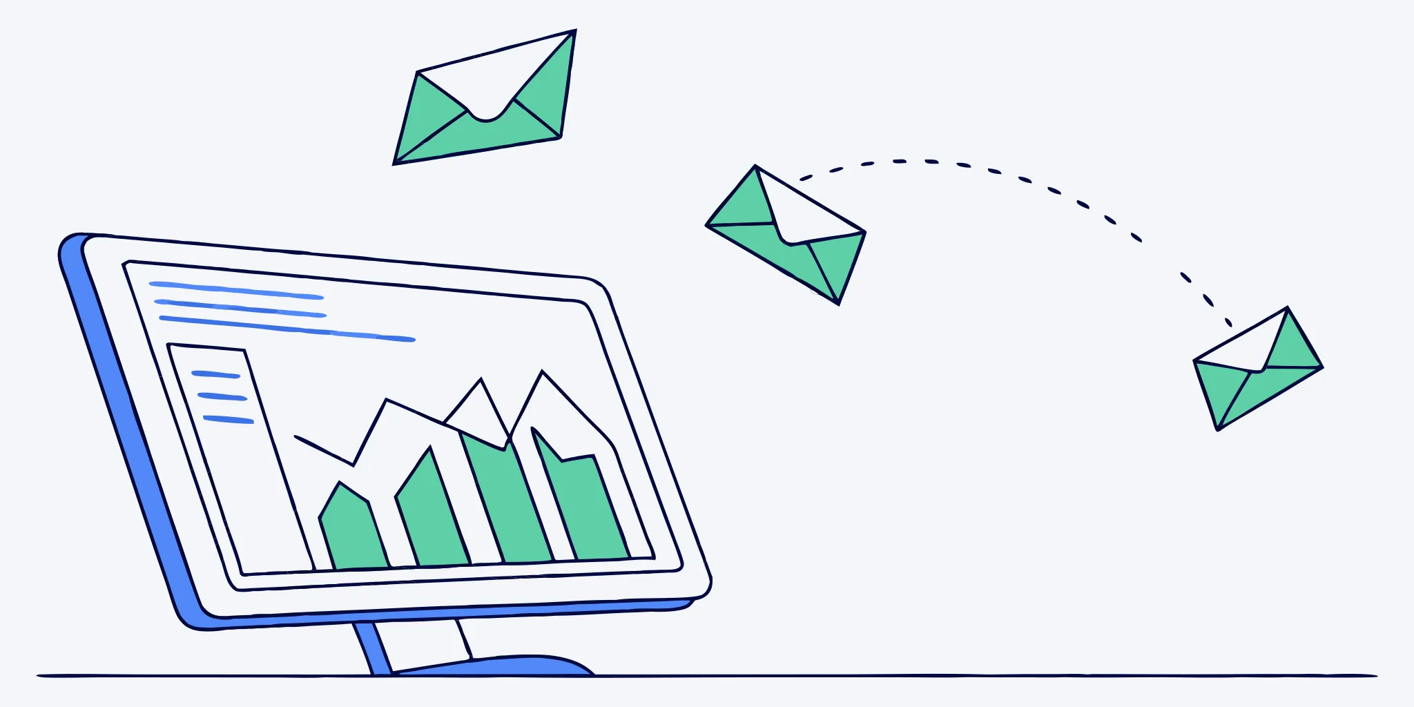 Email marketing analytics dashboard with envelopes.