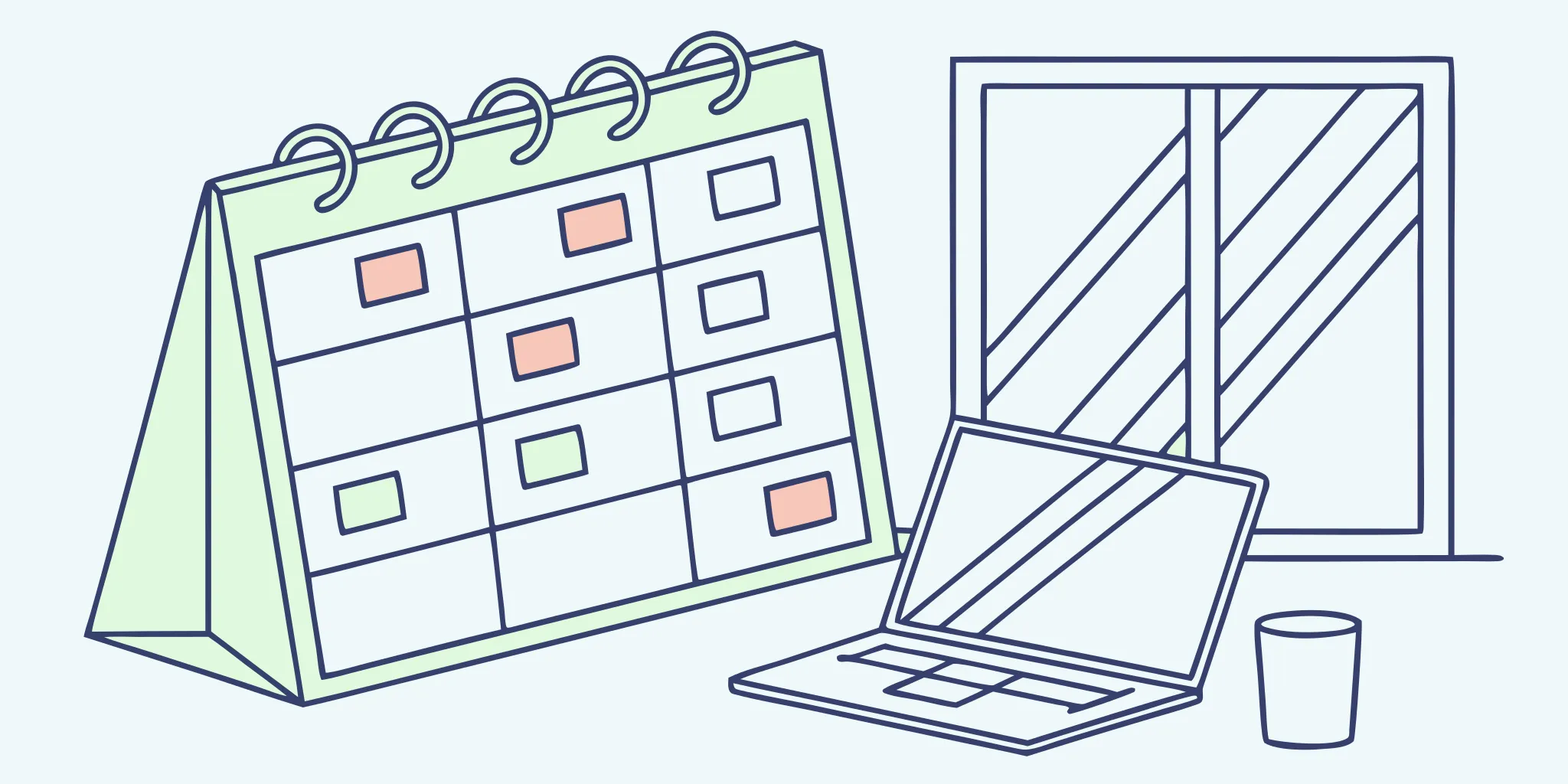 Creating an email marketing calendar with a desk planner and an open laptop.