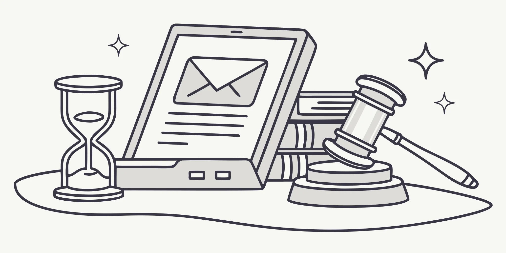 Gavel, law books, and a tablet with an email icon for cold email legal compliance.