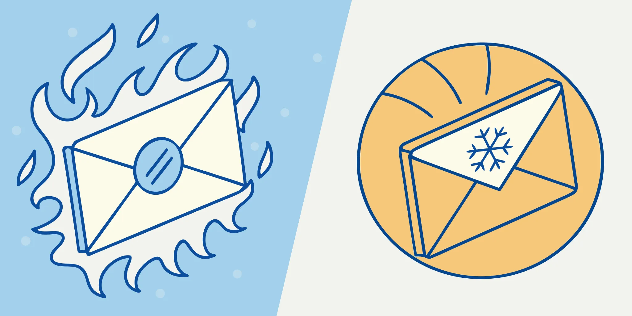 A warm email envelope with flames versus a cold email envelope with a snowflake.