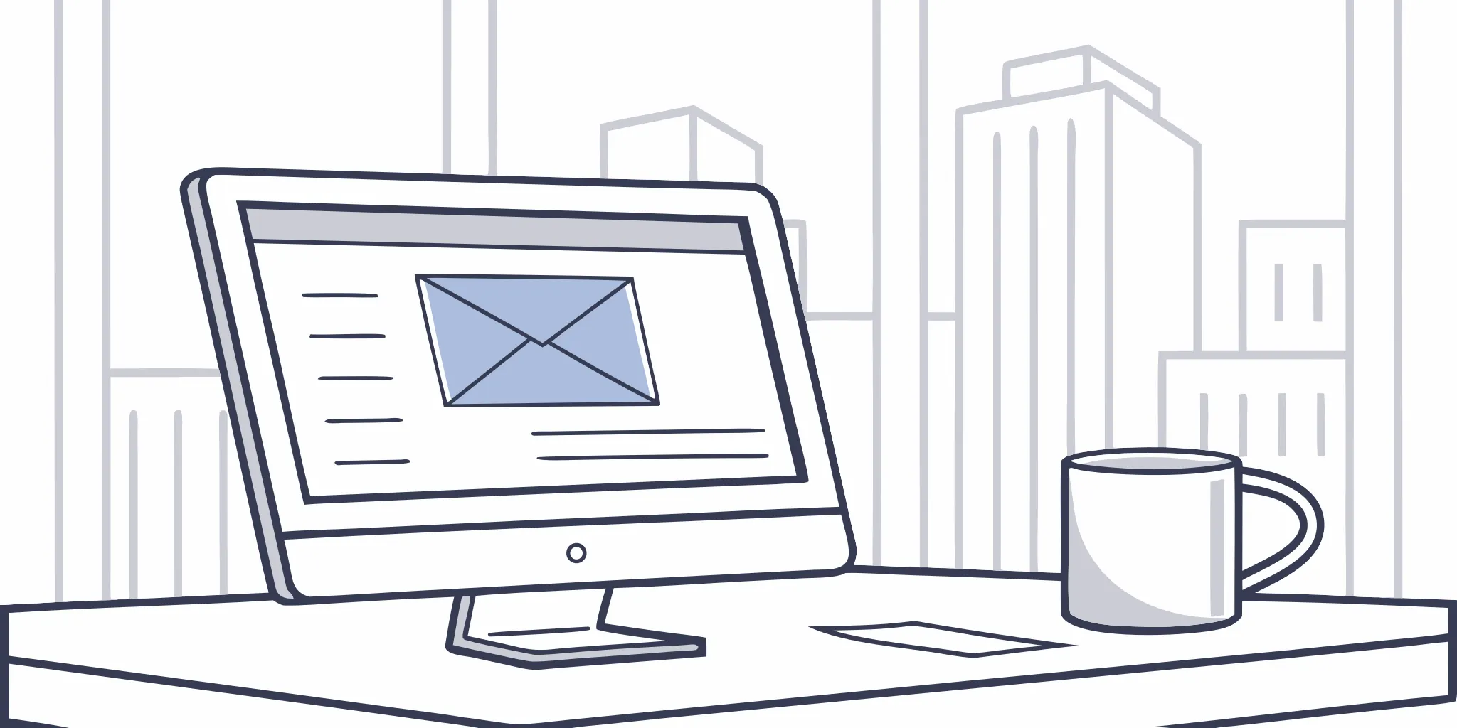 A desk with a computer showing an icon for cold email outreach techniques.