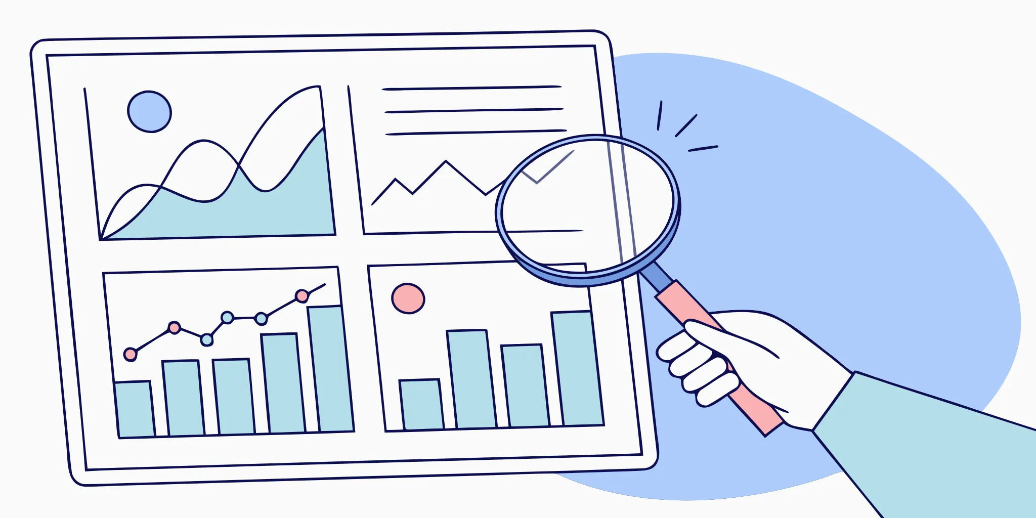 Tracking cold email responses on an analytics dashboard with a magnifying glass.