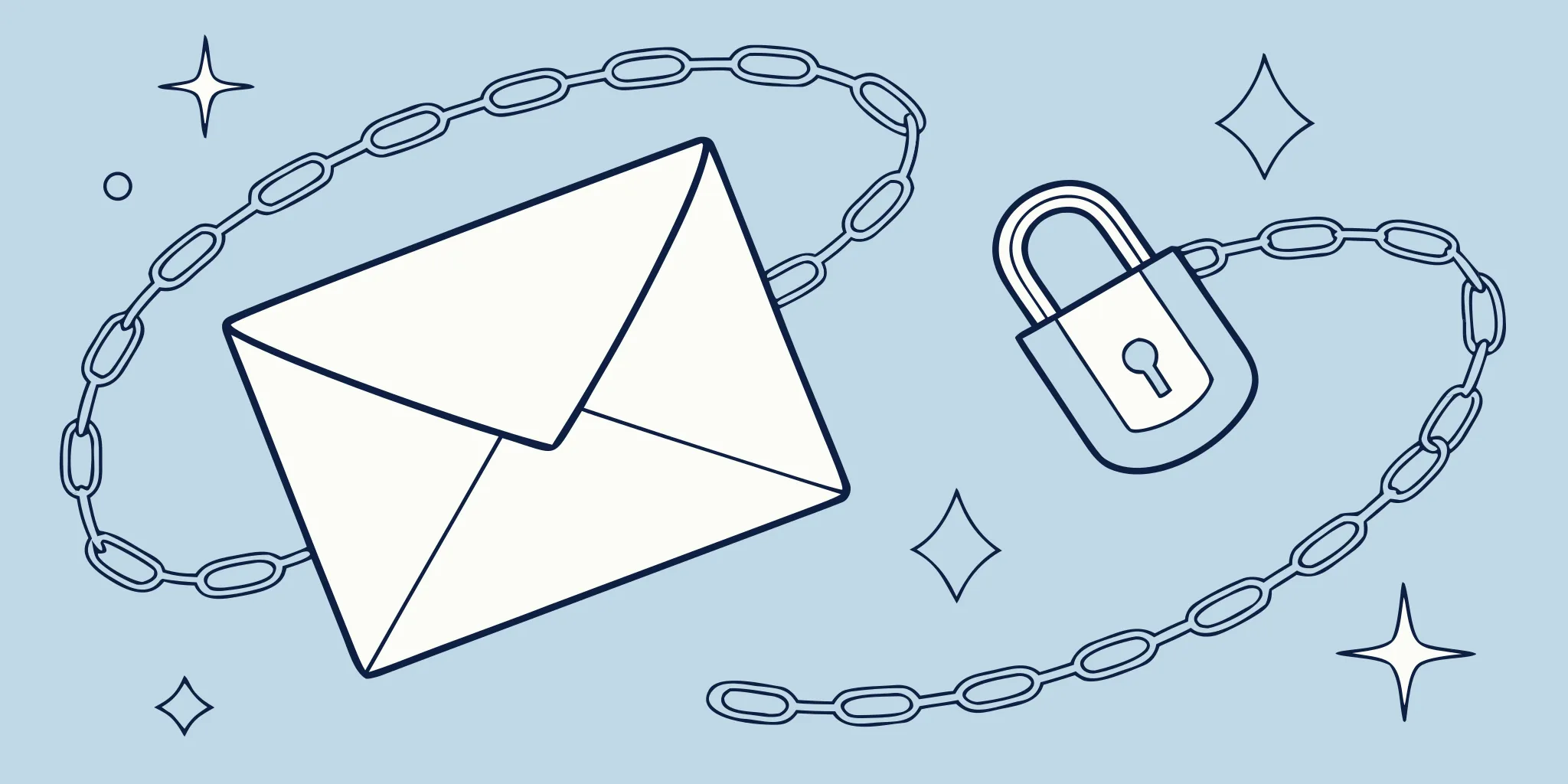 A padlock and chain securing an envelope, representing DKIM email authentication to prevent spoofing.